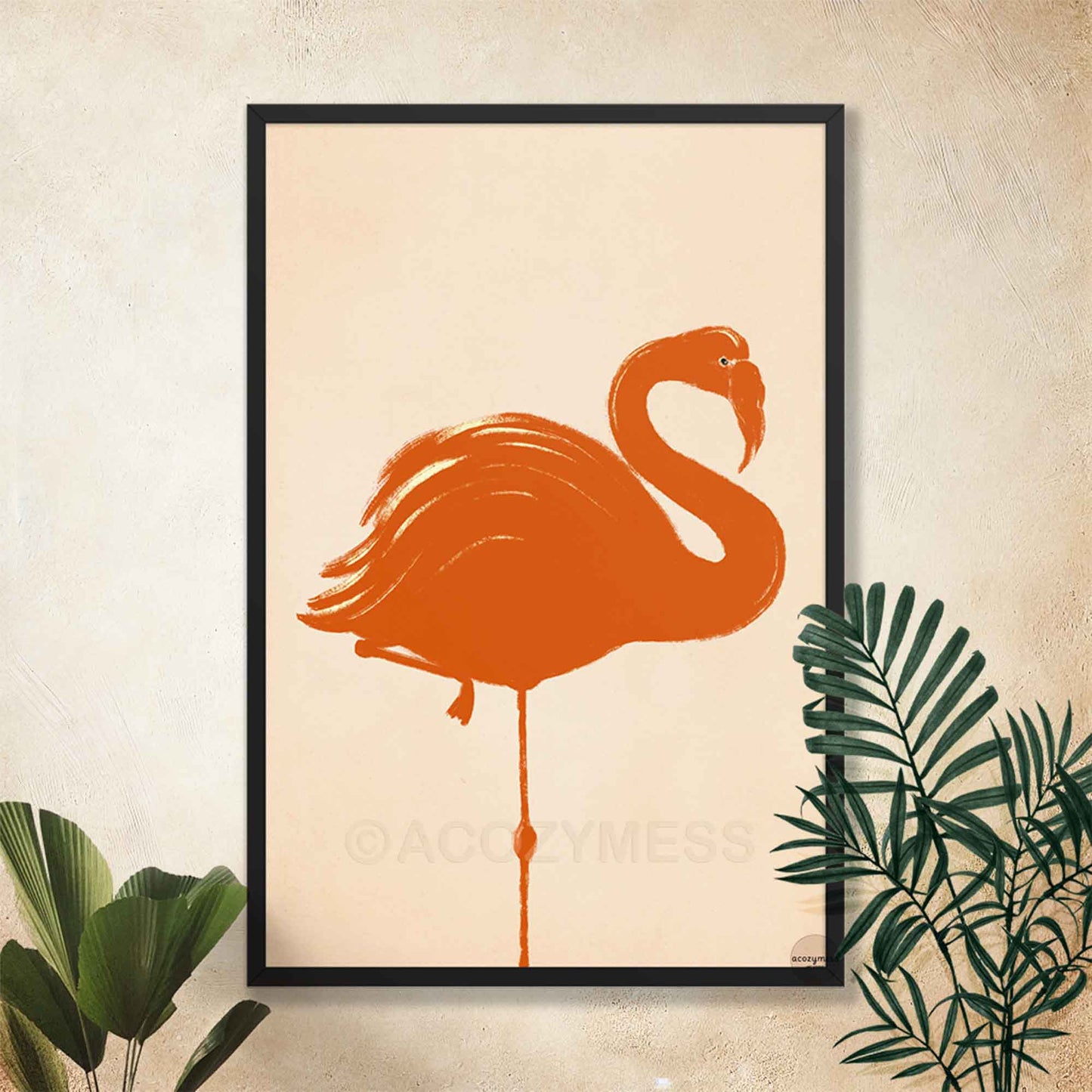 Minimalist flamingo wall art in bright orange on beige background shown in a sleek black frame for a bold, modern look.