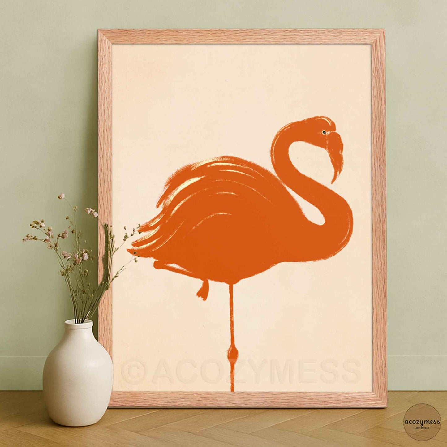 Bright orange flamingo abstract art print on beige background displayed in an oakwood frame, warm and natural finish.