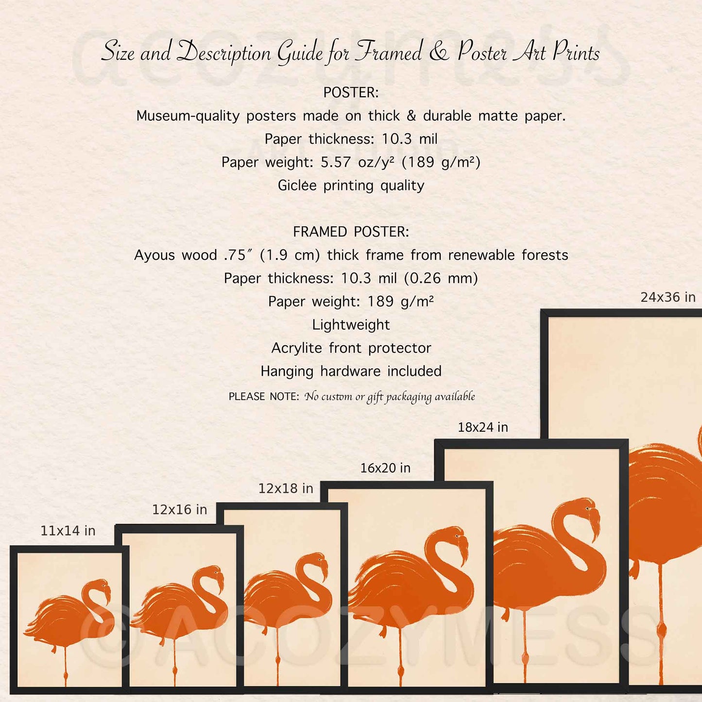 Size and description guide for framed and poster art prints with flamingo illustrations.