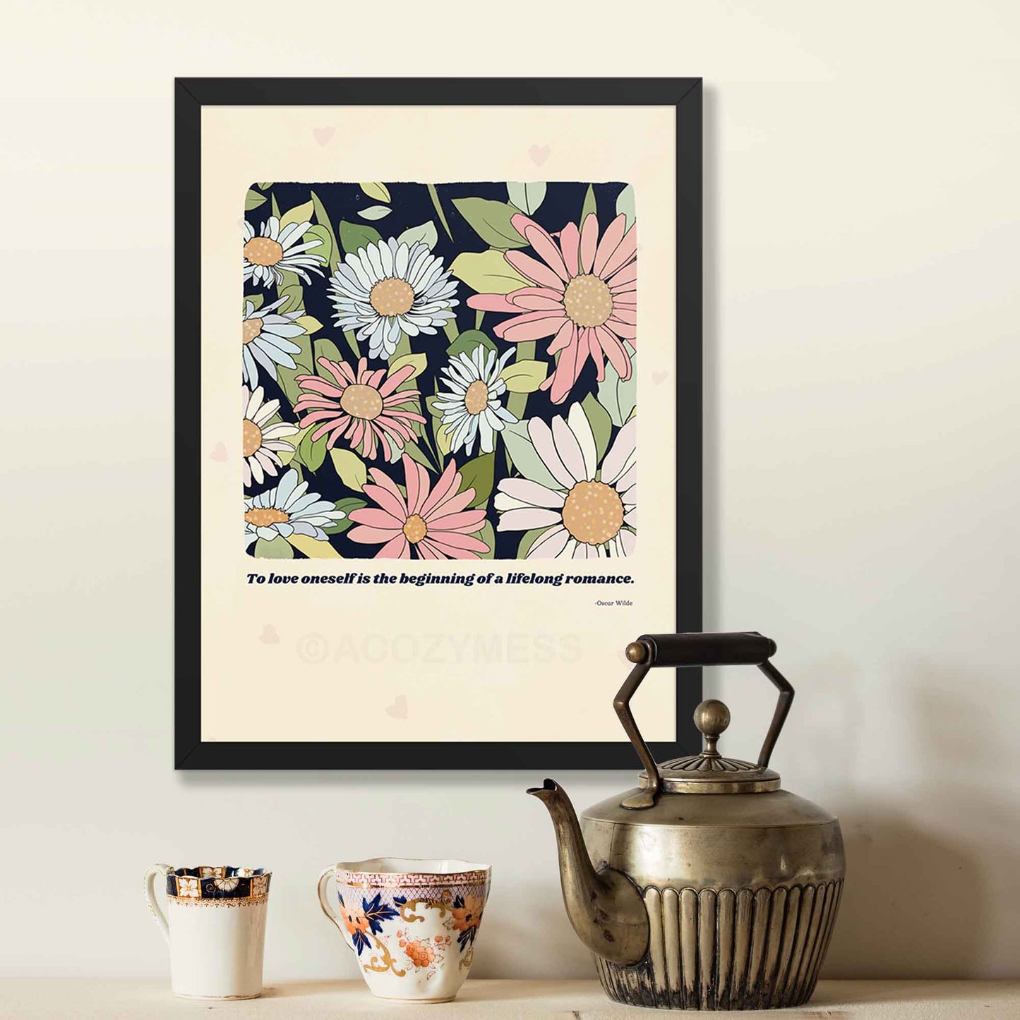 A beautifully designed literature poster featuring Oscar Wilde’s quote, "To love oneself is the beginning of a lifelong romance," paired with a delicate floral illustration, in black frame.