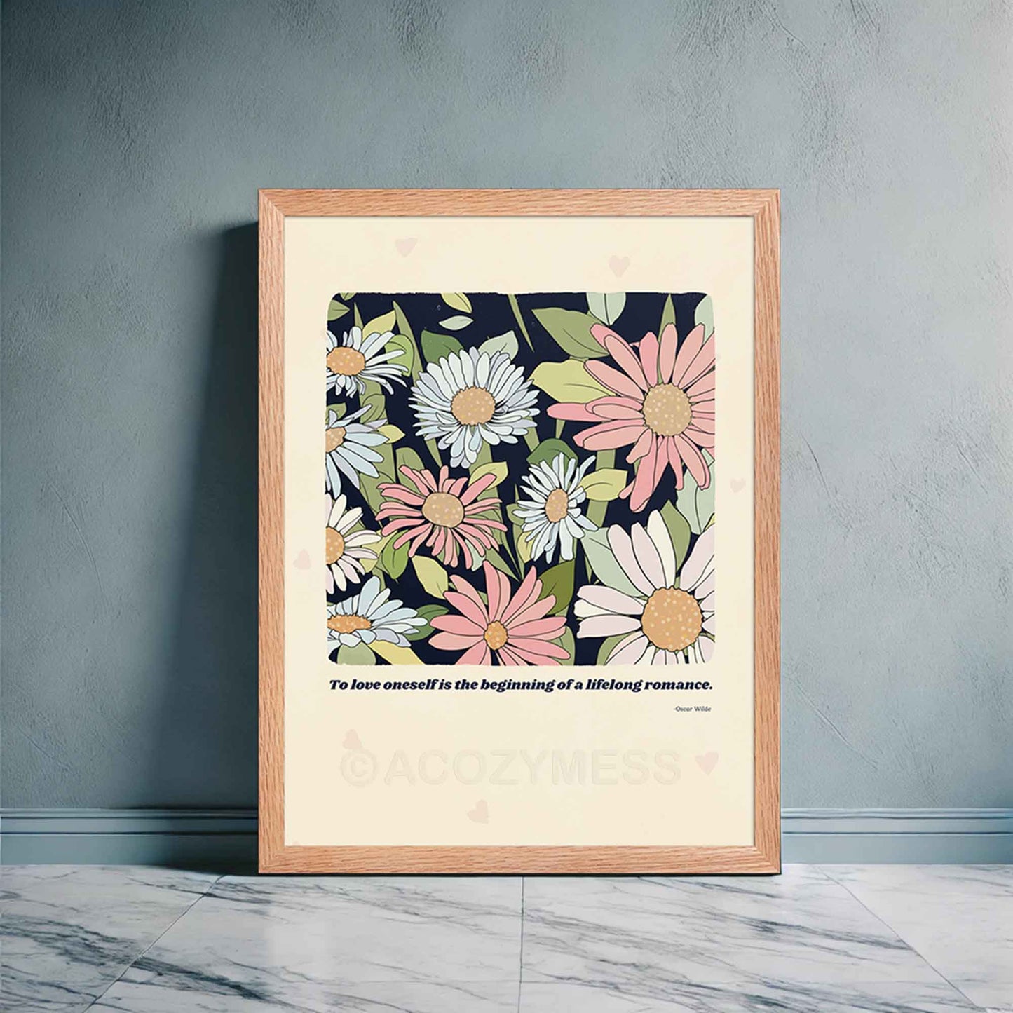A beautifully designed literature poster featuring Oscar Wilde’s quote, "To love oneself is the beginning of a lifelong romance," paired with a delicate floral illustration, in oakwood frame.