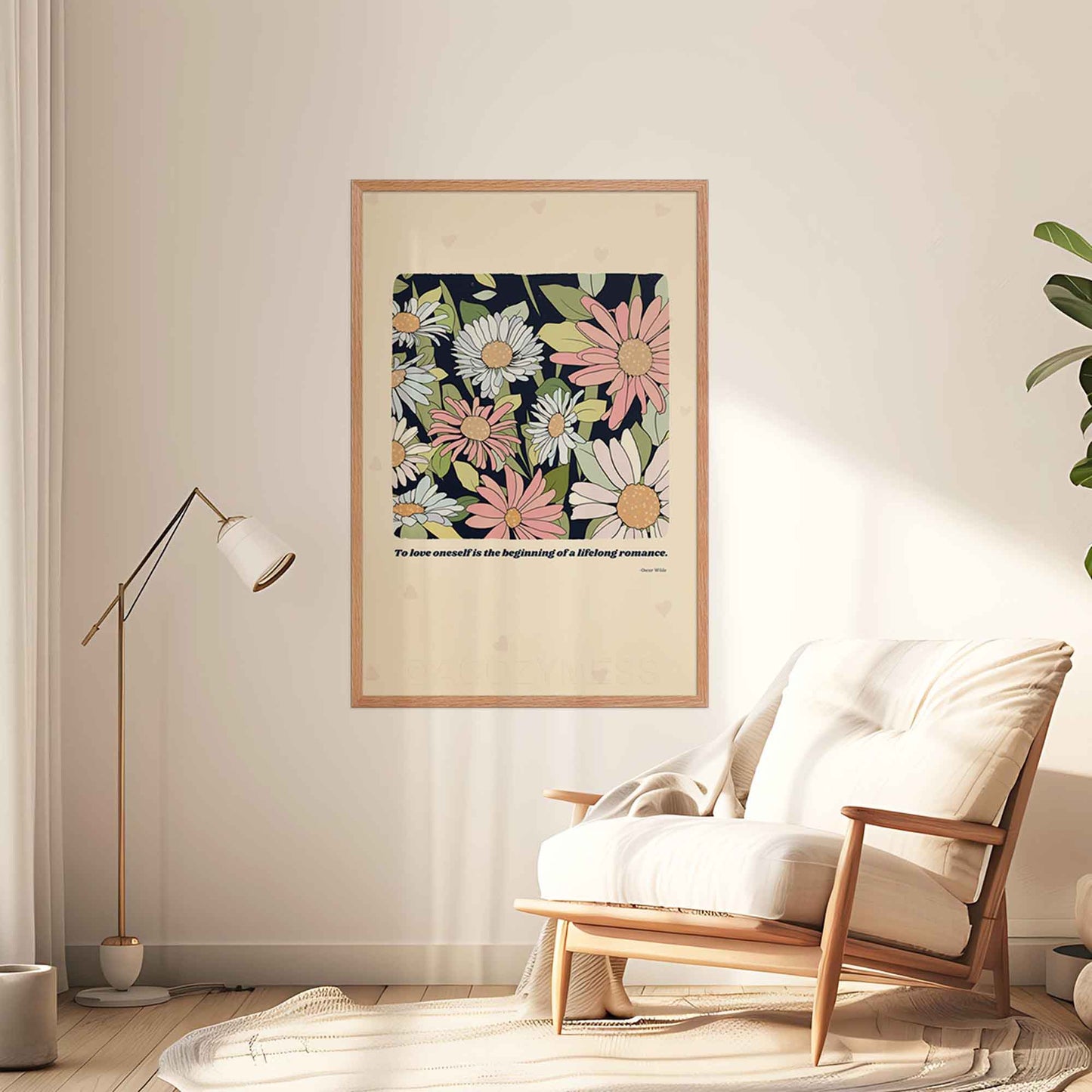 A beautifully designed literature poster featuring Oscar Wilde’s quote, "To love oneself is the beginning of a lifelong romance," paired with a delicate floral illustration, in oakwood frame on a wall.