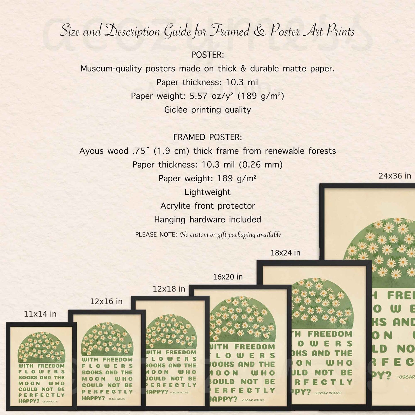 11x14, 12x16, 12x18, 16x20, 18x24, 20x30 framed and unframed poster options description guide for oscar wilde on books