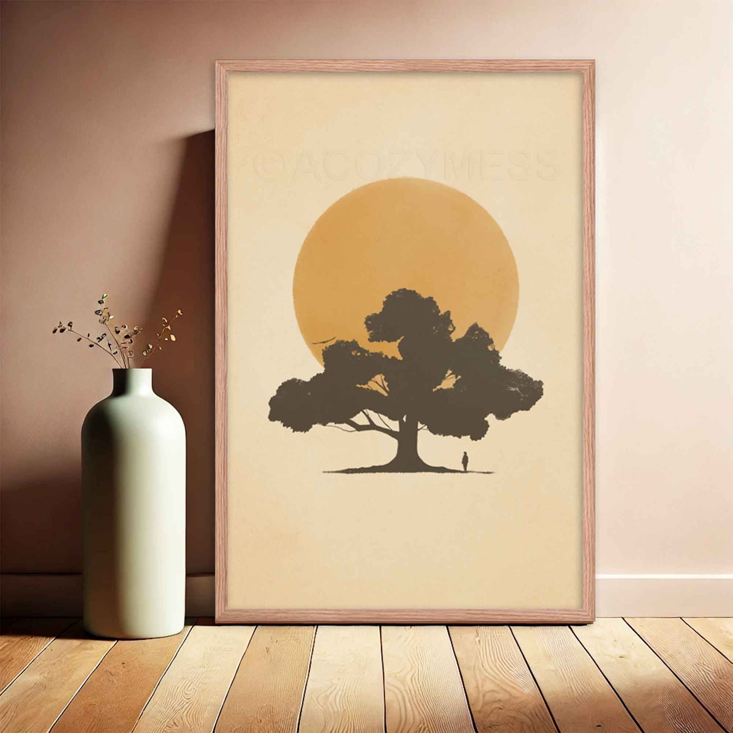 Calming zen wall art of a sun, displayed in oakwood frame.