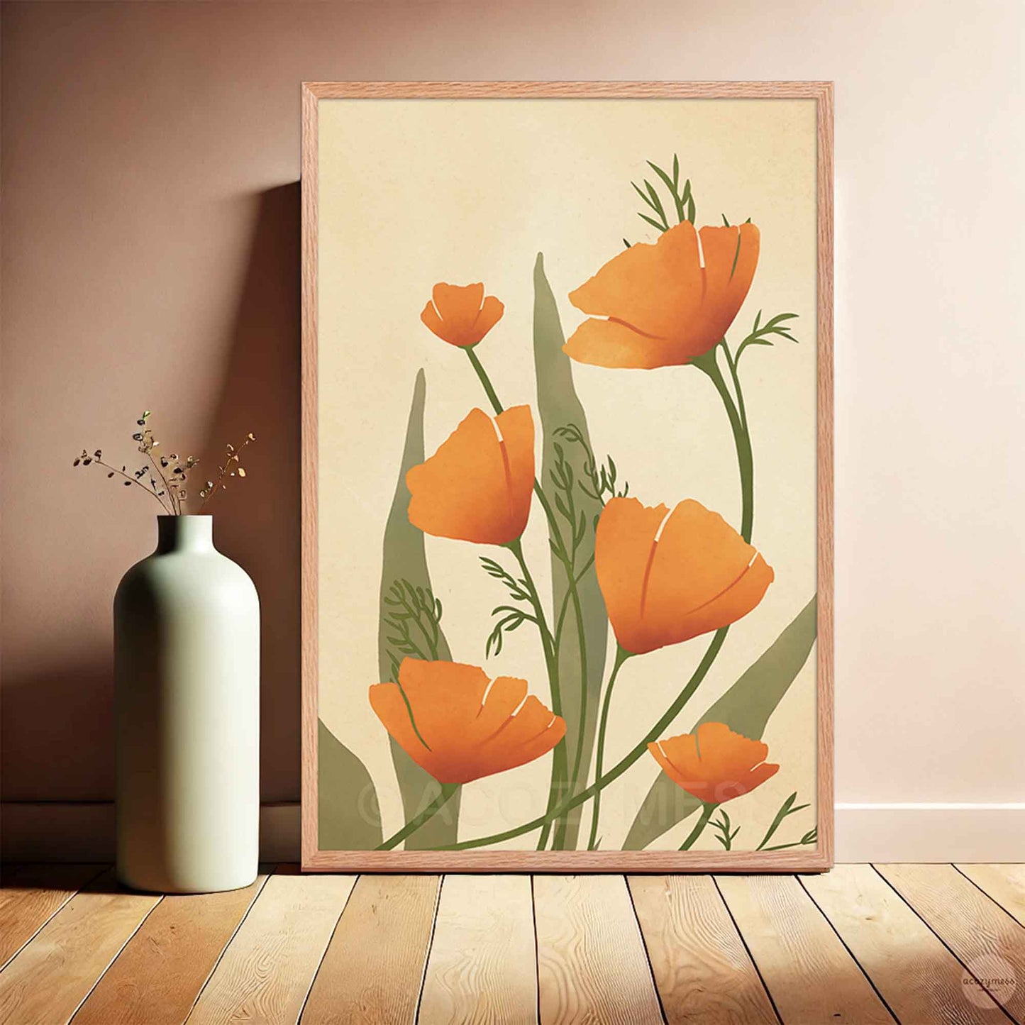 california poppy wall art print in oakwood frame