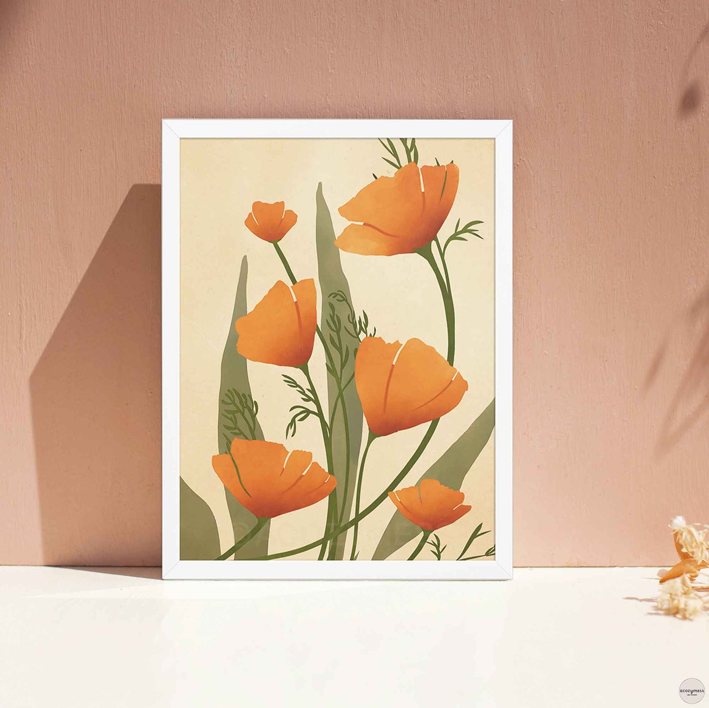 california poppy wall art in white frame