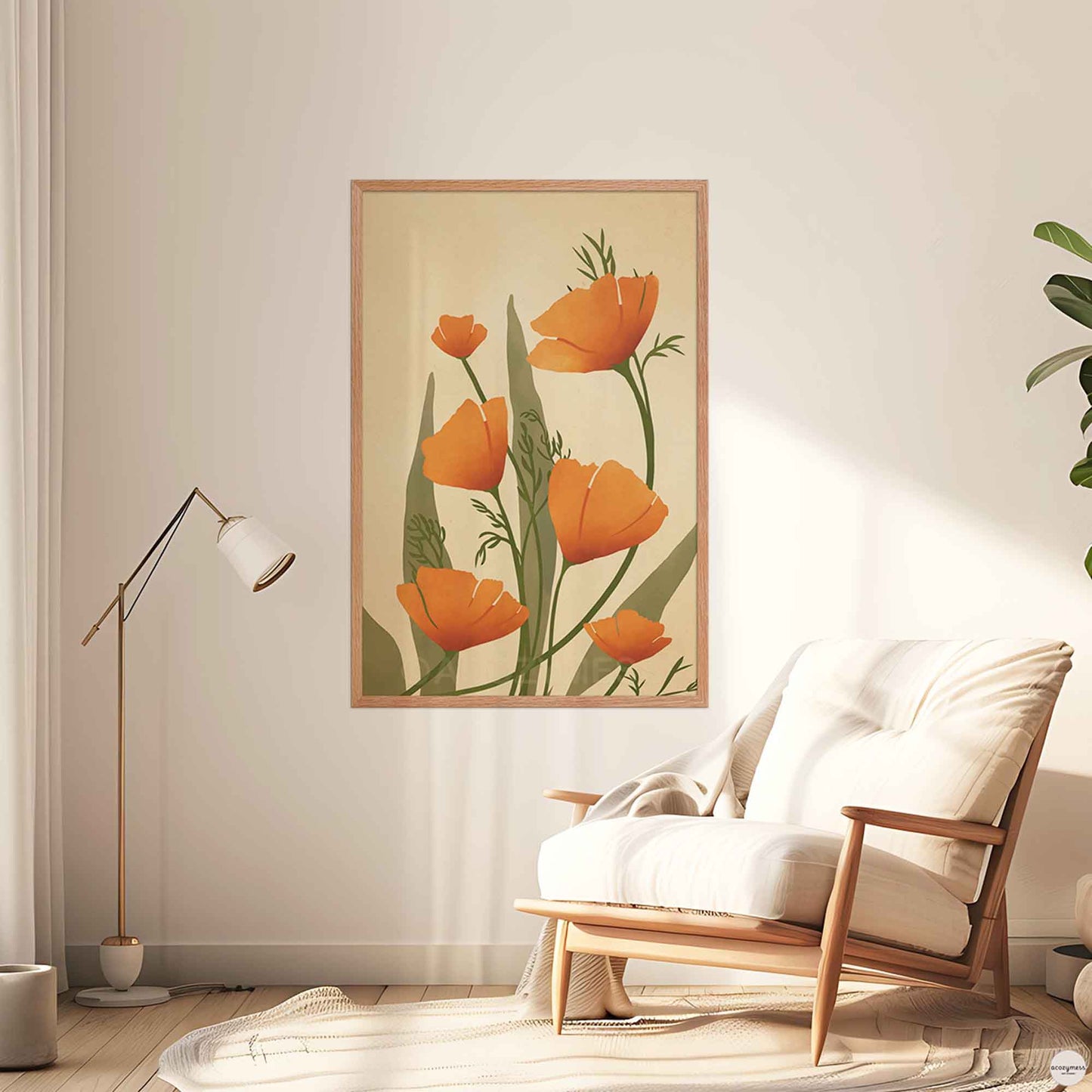california poppy print in oakwood frame