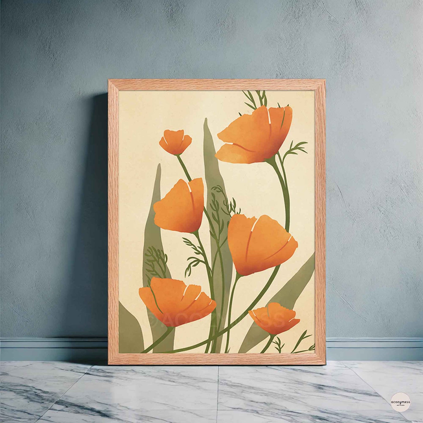 california poppy poster in oakwood frame