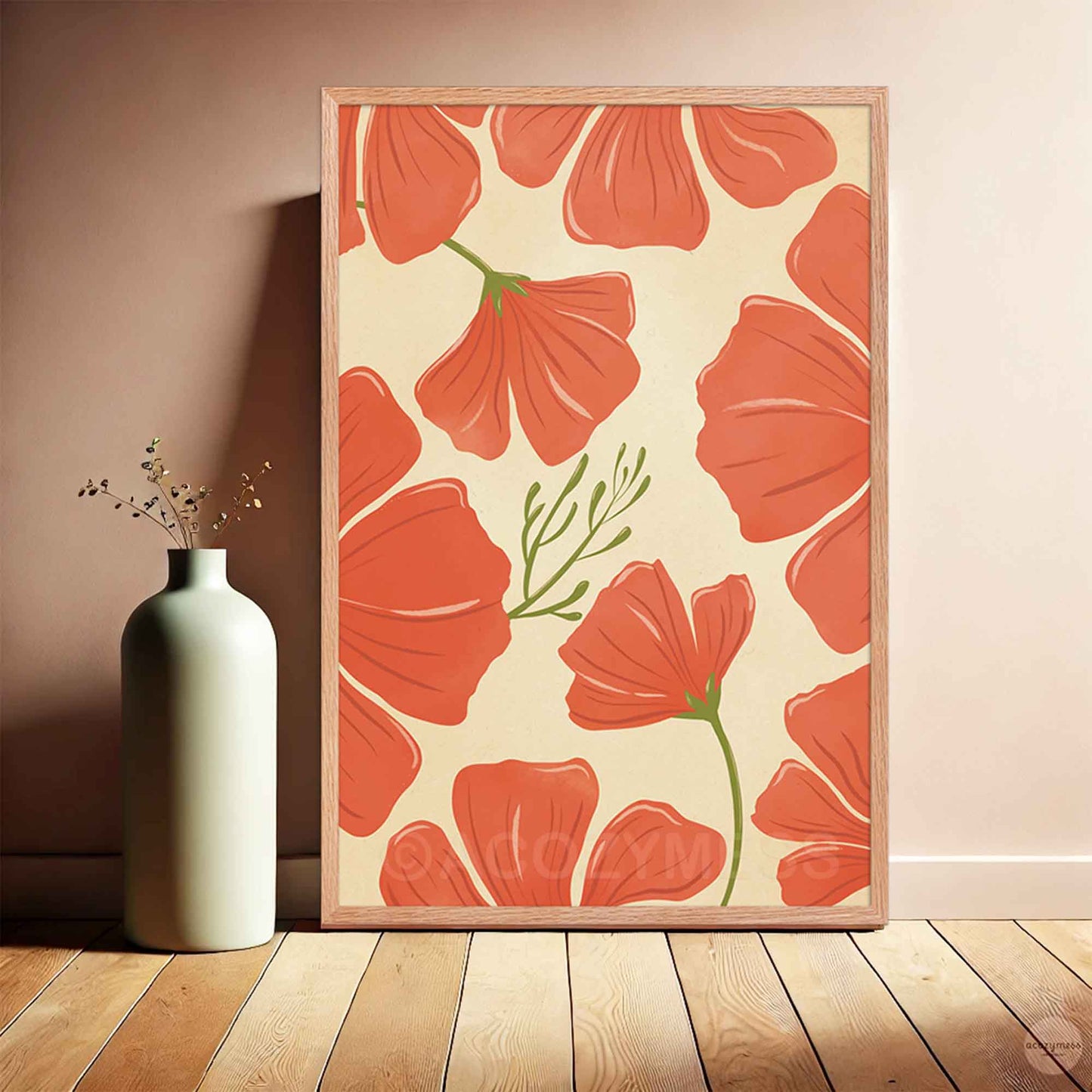 Red poppies wall art in red, green on beige background, in oakwood frame.
