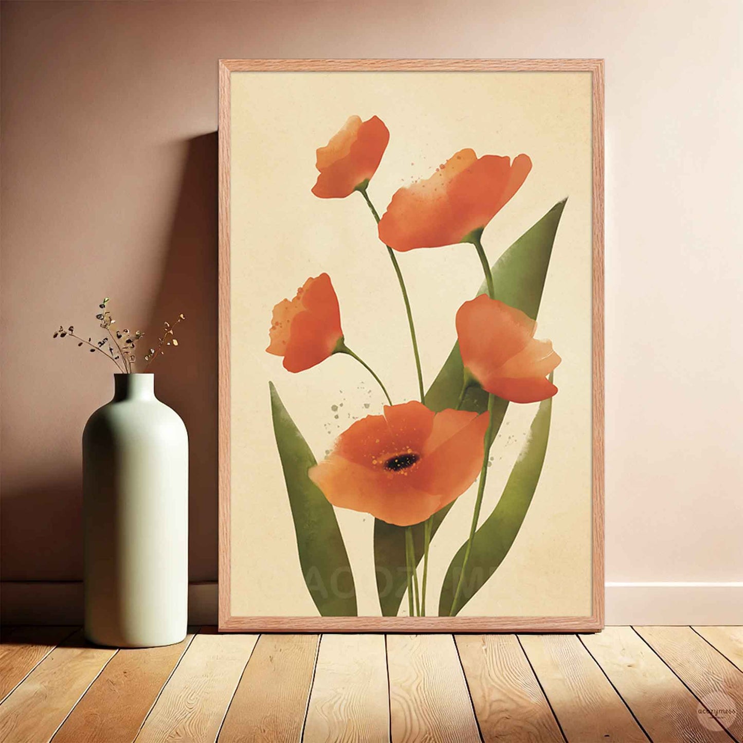 California poppy wall art in oakwood frame