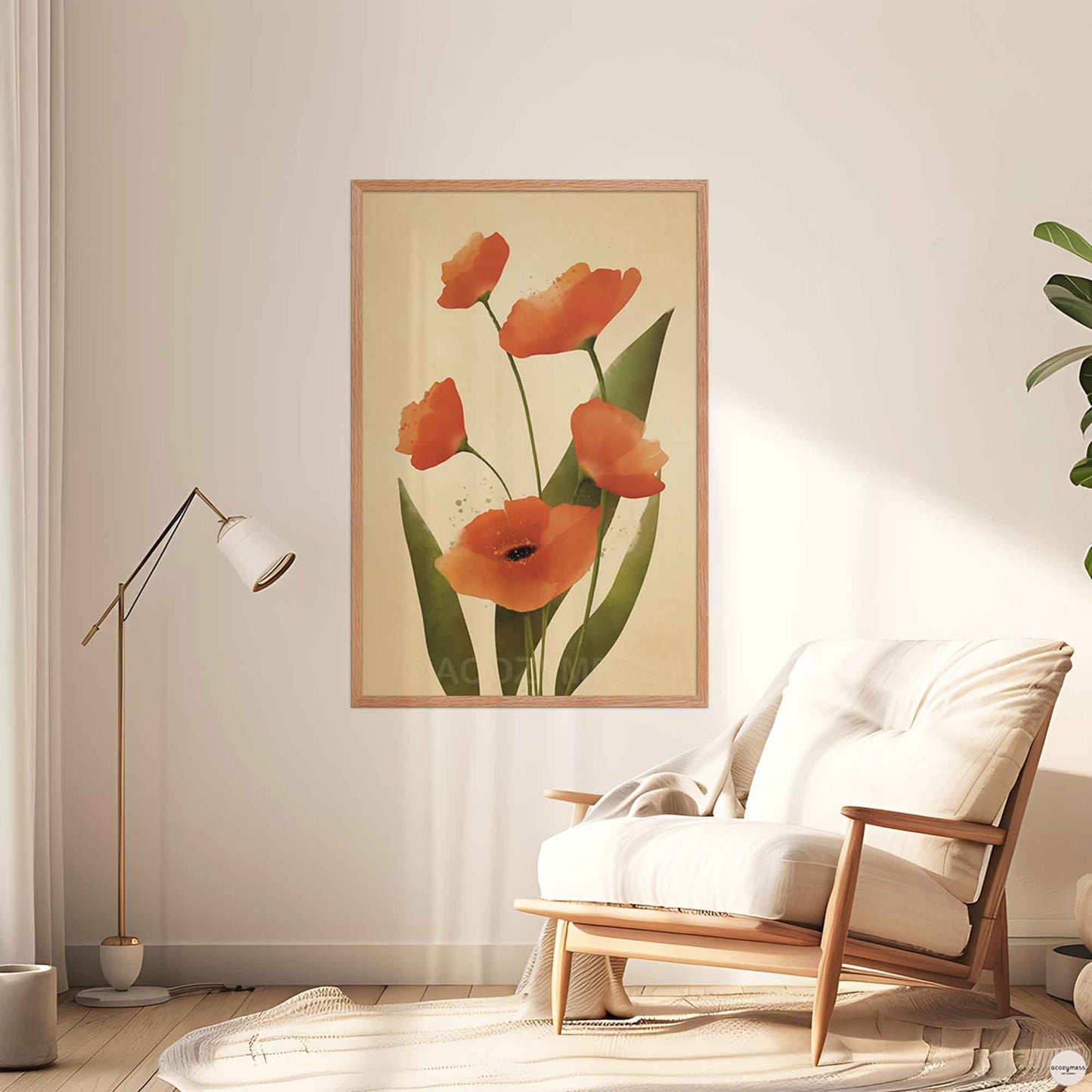 California poppy print in oakwood frame