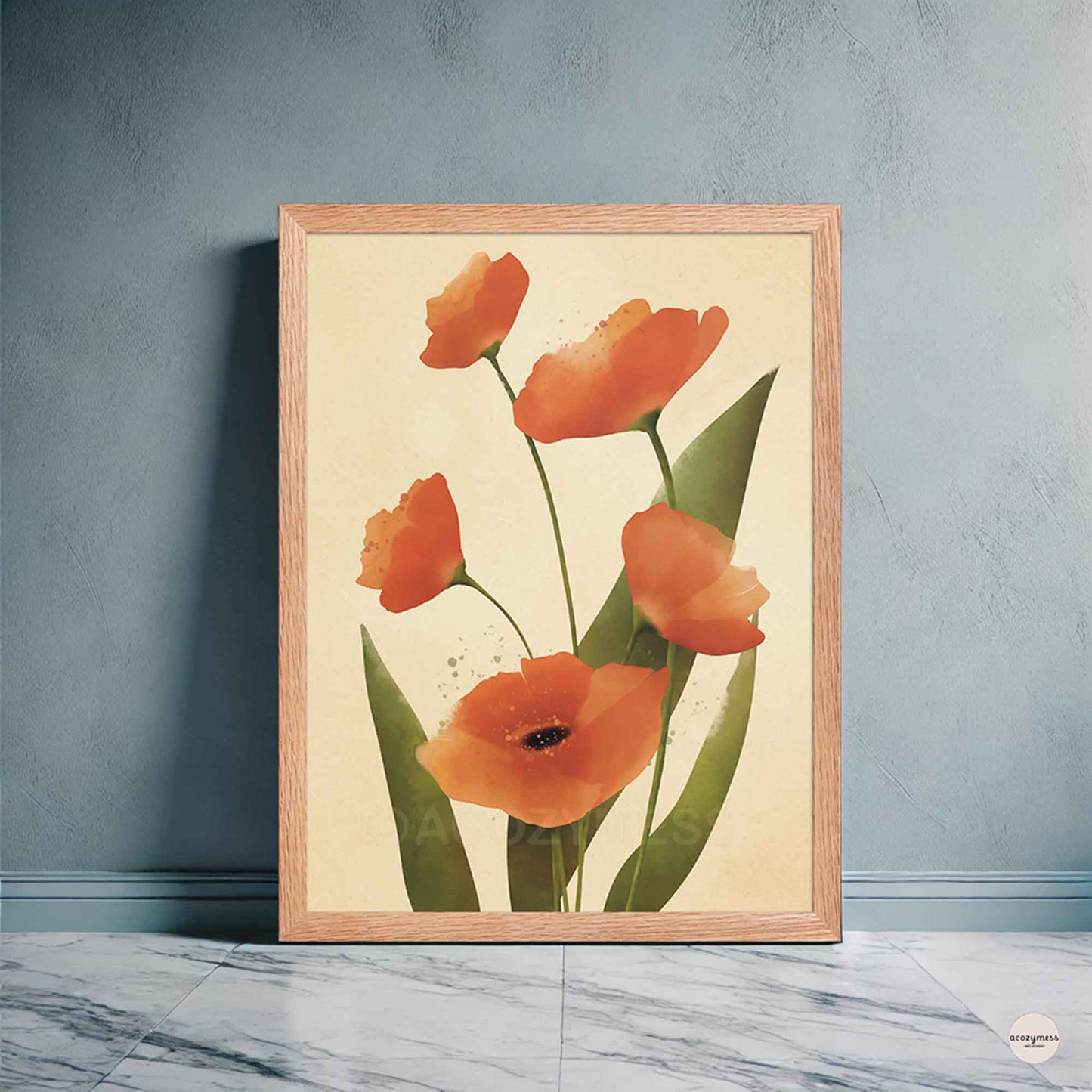 California poppy print in oakwood frame