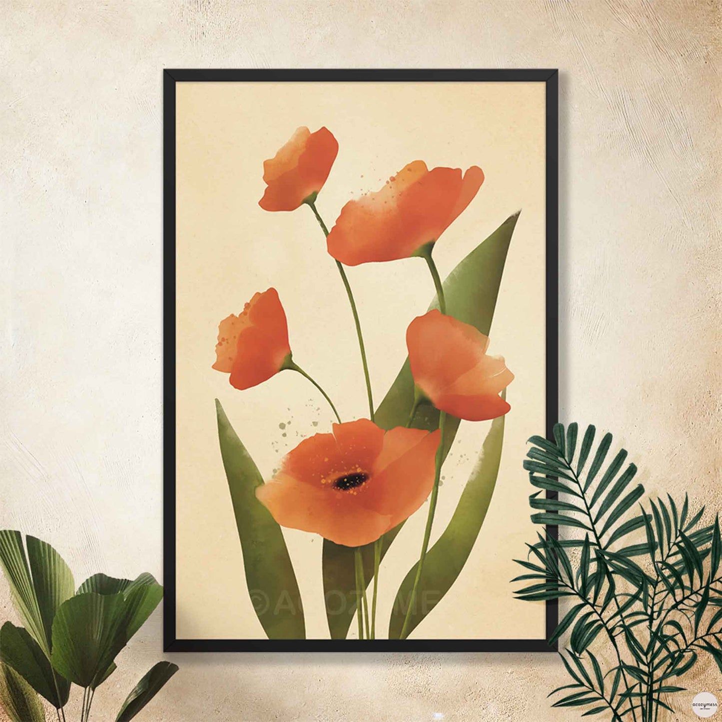 California poppy print in black frame