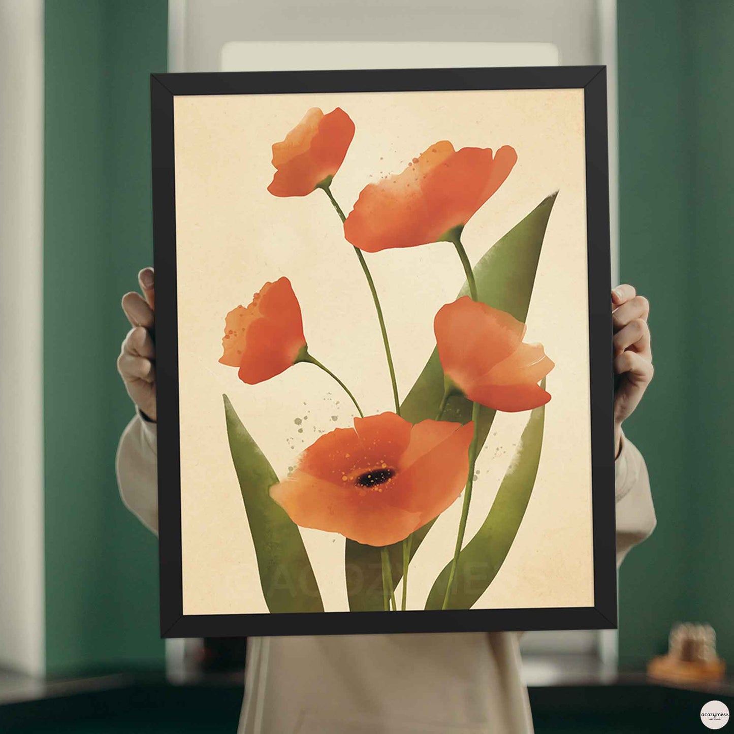 poppy floral art print in black frame
