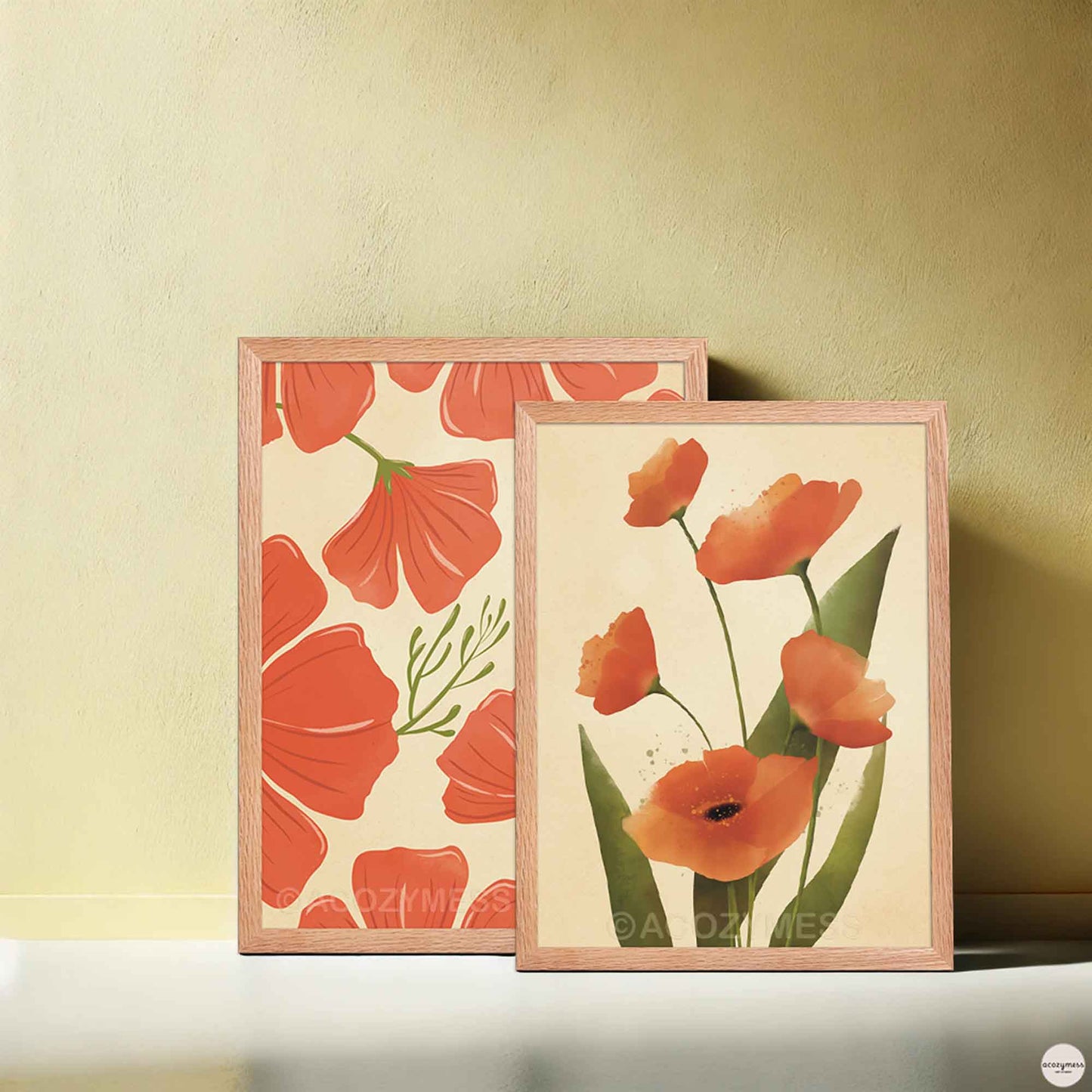 California poppy prints in oakwood frames