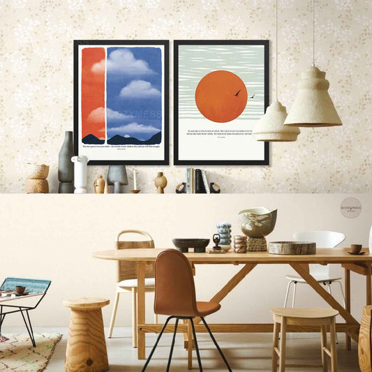 Stoic quotes poster with red and blue abstract design in black frames