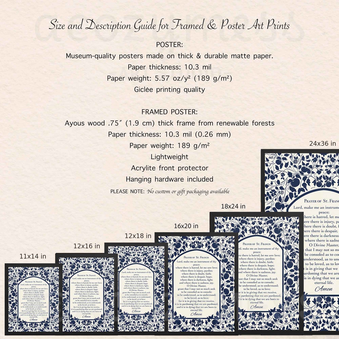 Overview of available sizes and specifications for the Prayer of St. Francis wall art, shown alongside frame and layout options.