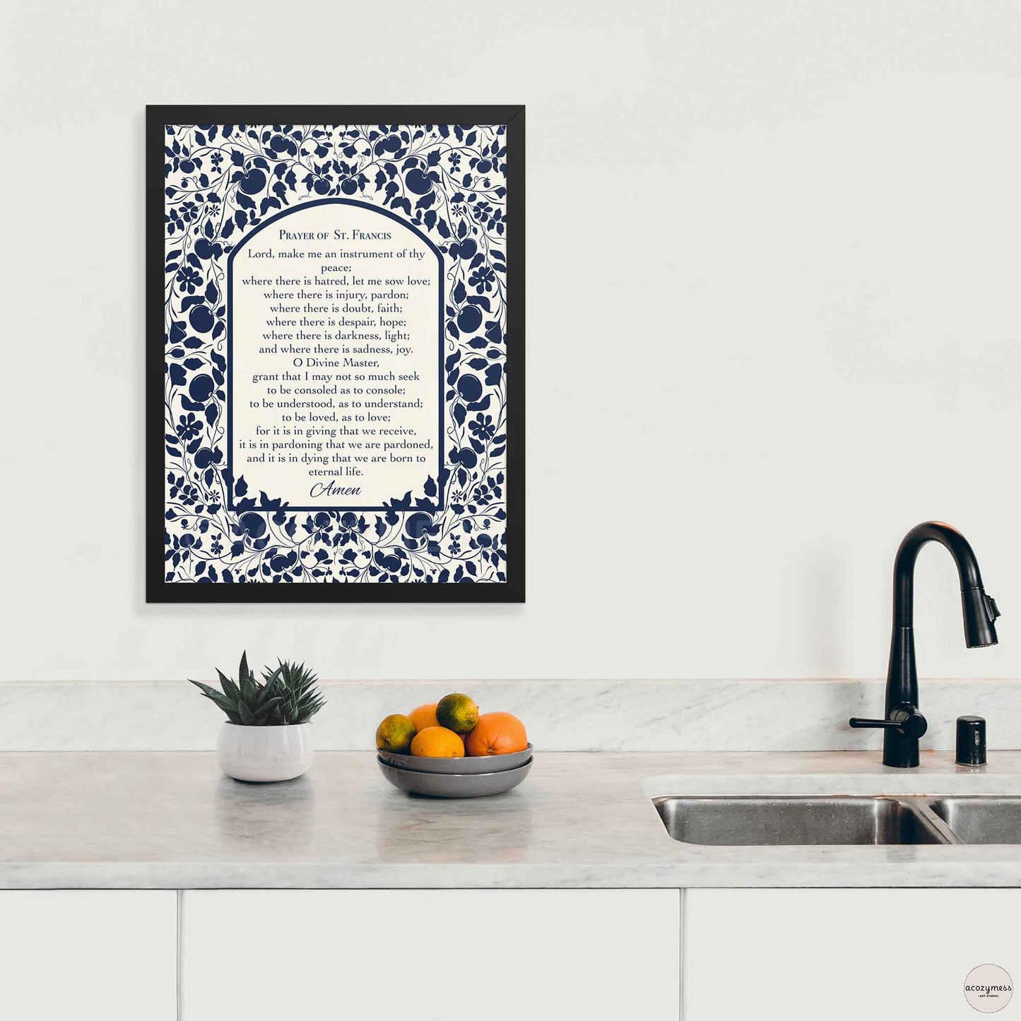 Prayer of St. Francis poster shown in a clean black frame, with elegant dark blue floral accents on a light beige background for positive faith based decor.