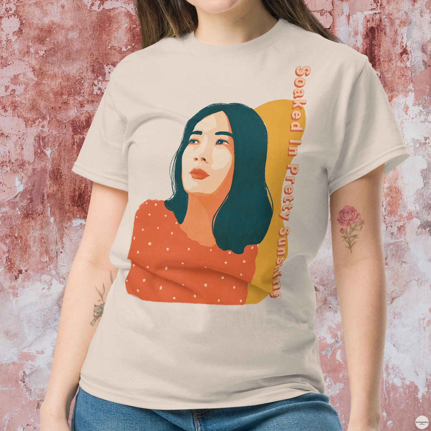Soaked in Pretty Sunshine – Woman Illustration Tee | Summer Cotton T-Shirt