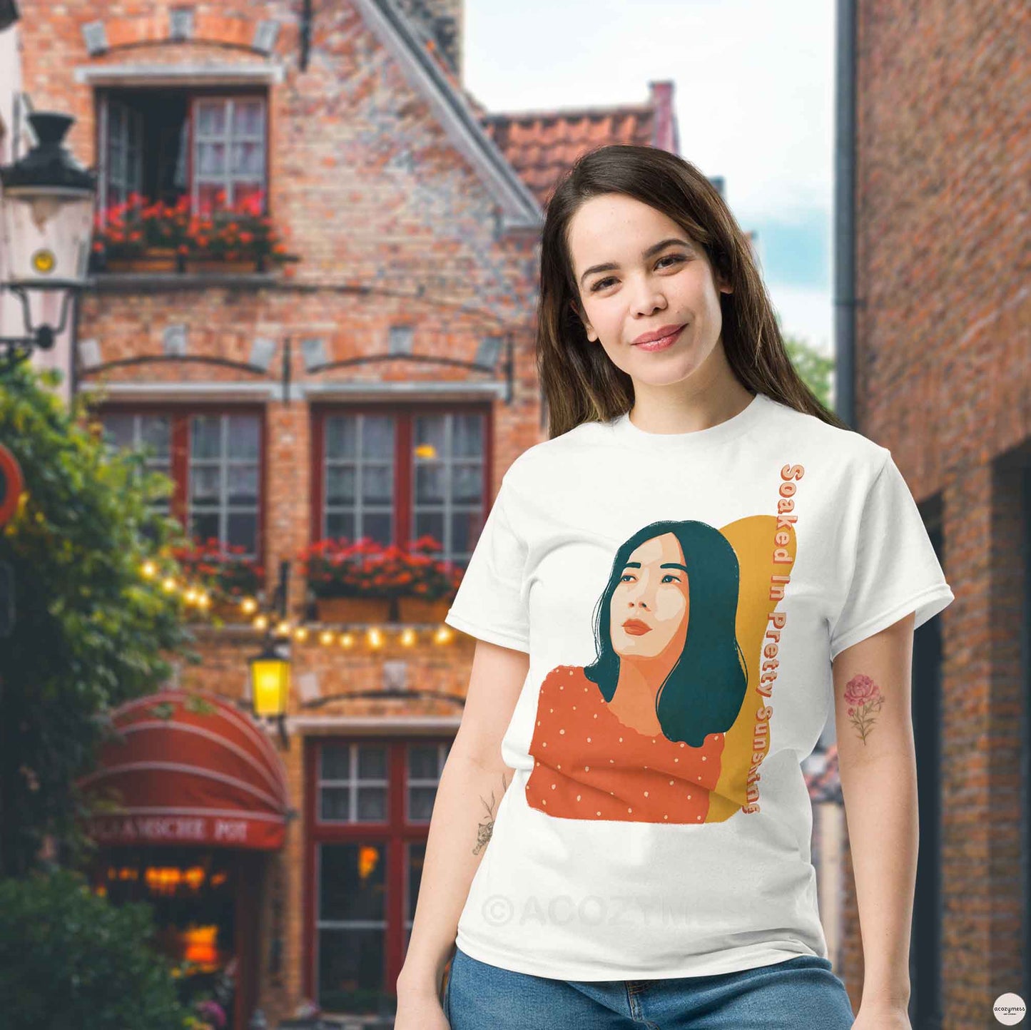Soaked in Pretty Sunshine – Woman Illustration Tee | Summer Cotton T-Shirt