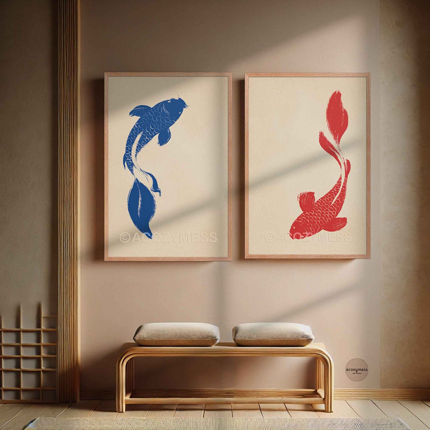 Red and blue koi fish prints for zen decor, displayed in oakwood frames.
