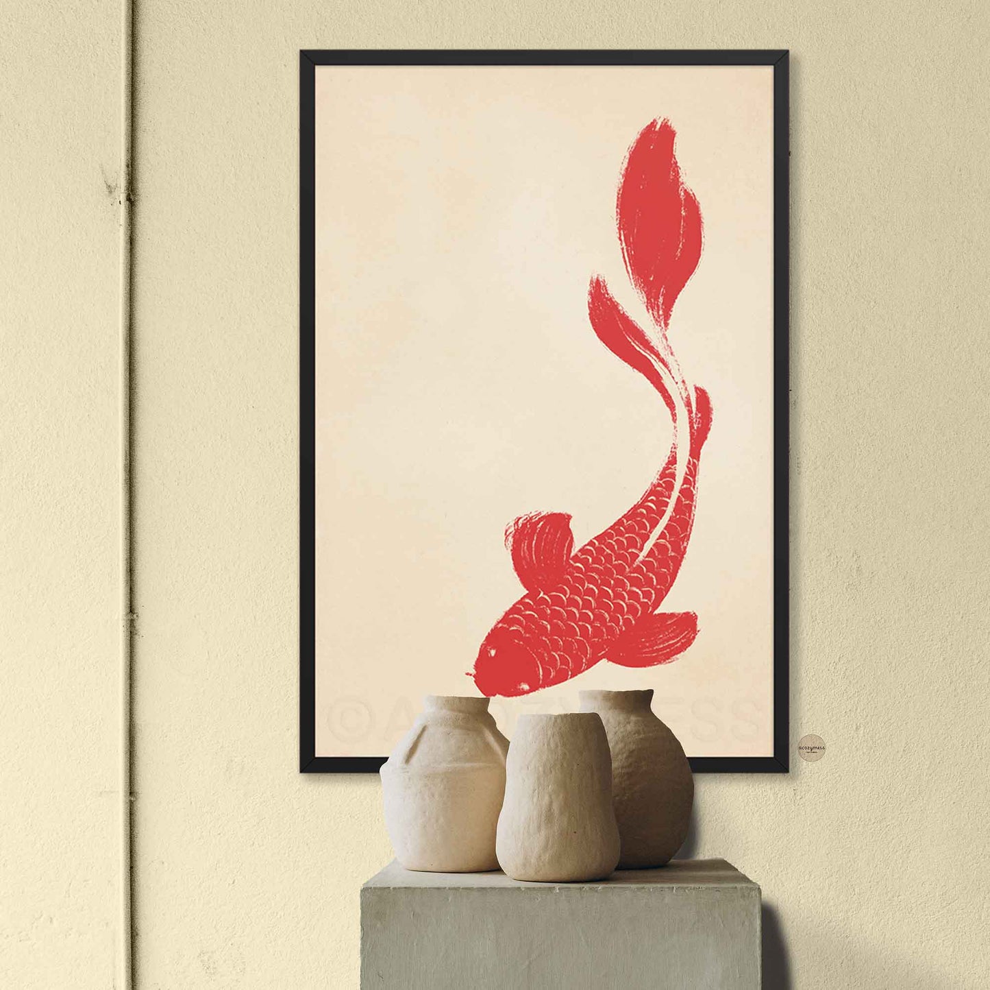 minimalist Red koi fish poster with beige background displayed in black frame.