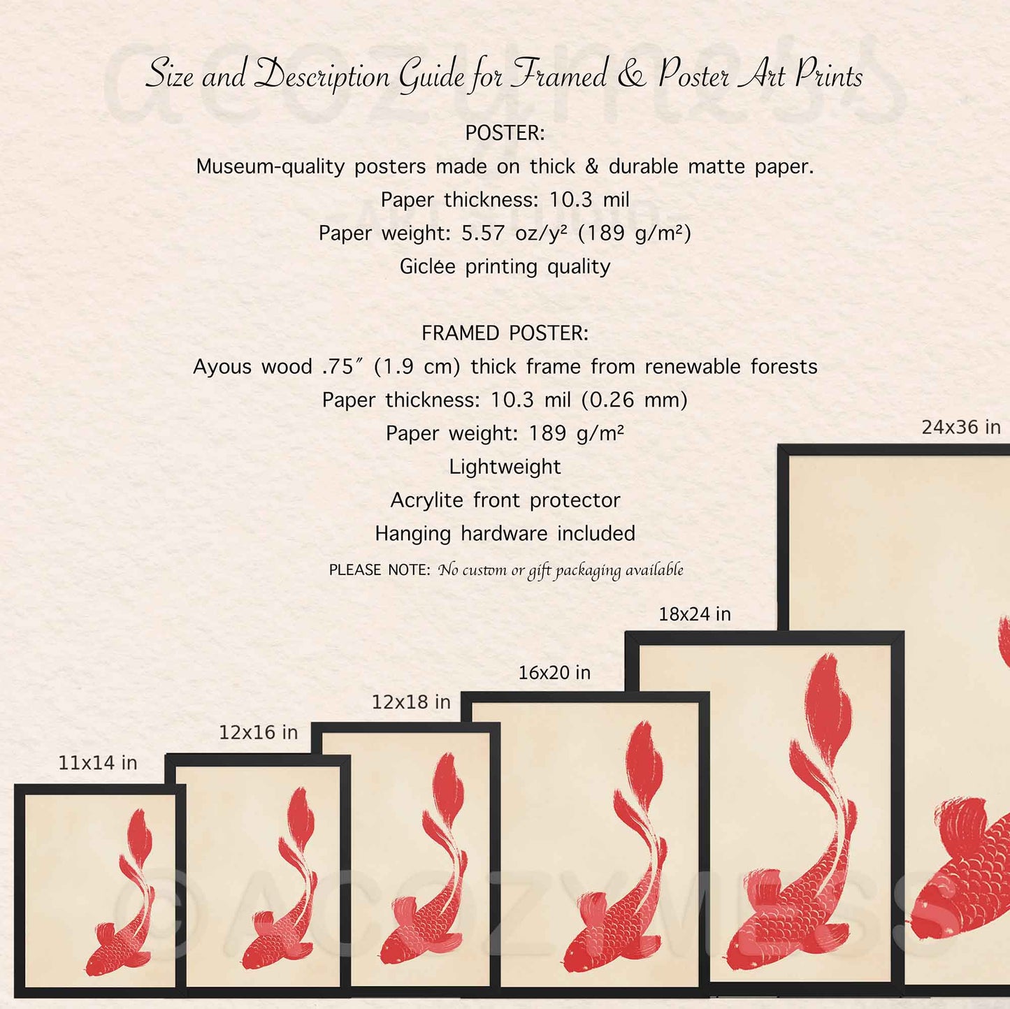 Poster size chart and product details for red koi fish art print on beige background, available framed or unframed.