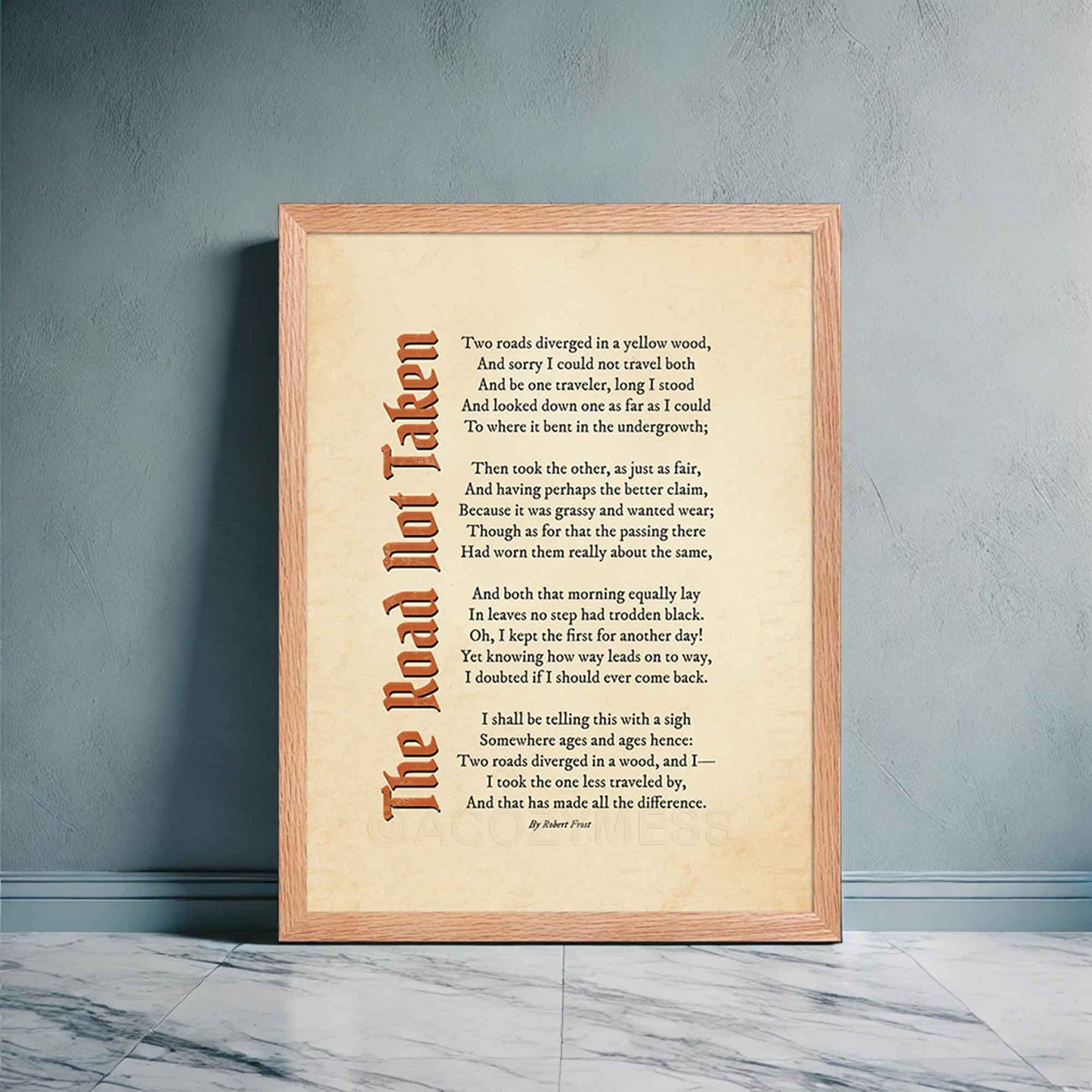 A vintage-style poem print featuring Robert Frost’s iconic poem, The Road Not Taken printed on an aged, old-paper background, in oakwood frame.
