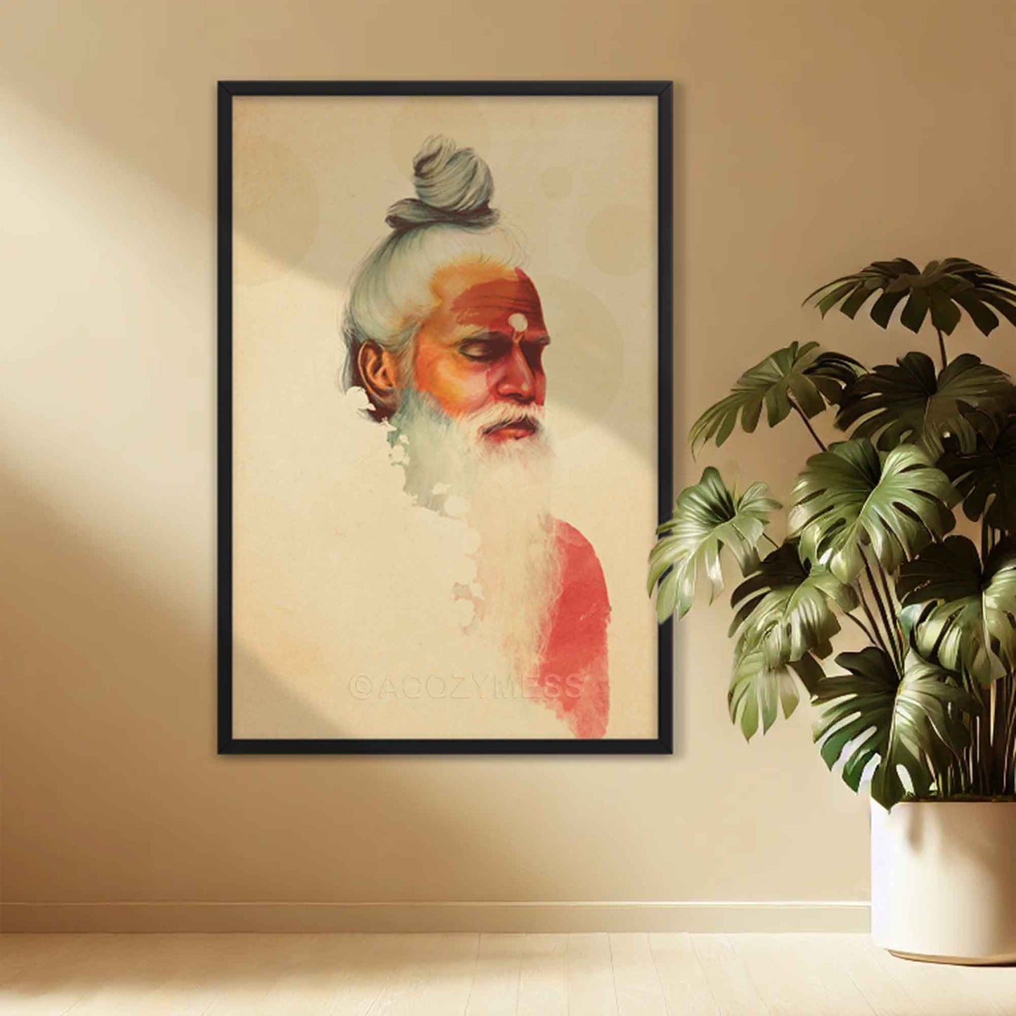 Saddhu, Indian holy man in meditation portrait in beige, orange & yellow palette, wall art in black frame