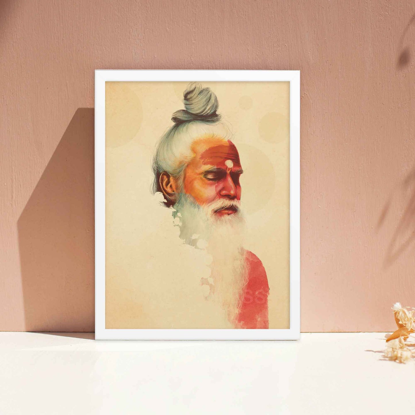 Saddhu Poster, Indian holy man in meditation portrait in beige, orange & yellow palette, wall art in white frame