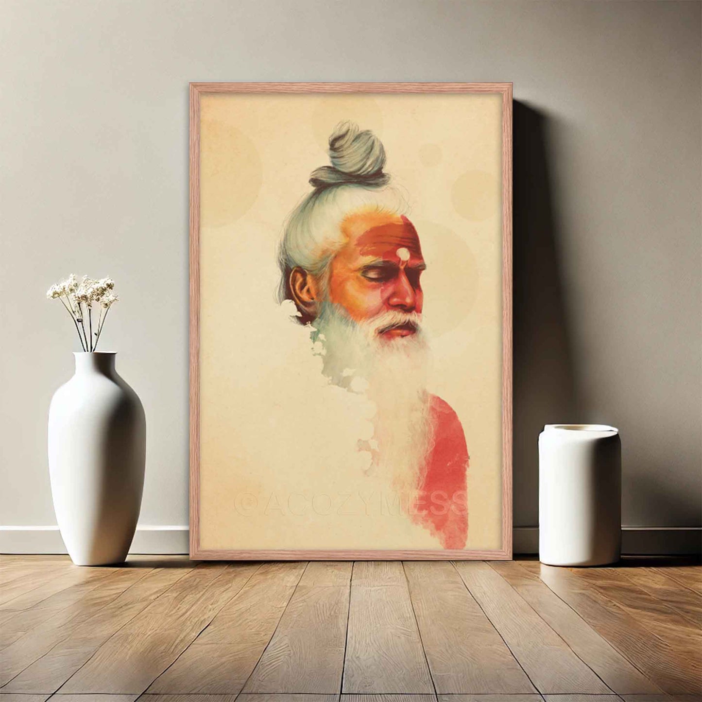 Indian Saddhu, Indian holy man in meditation portrait in beige, orange & yellow palette, wall art in oakwood frame