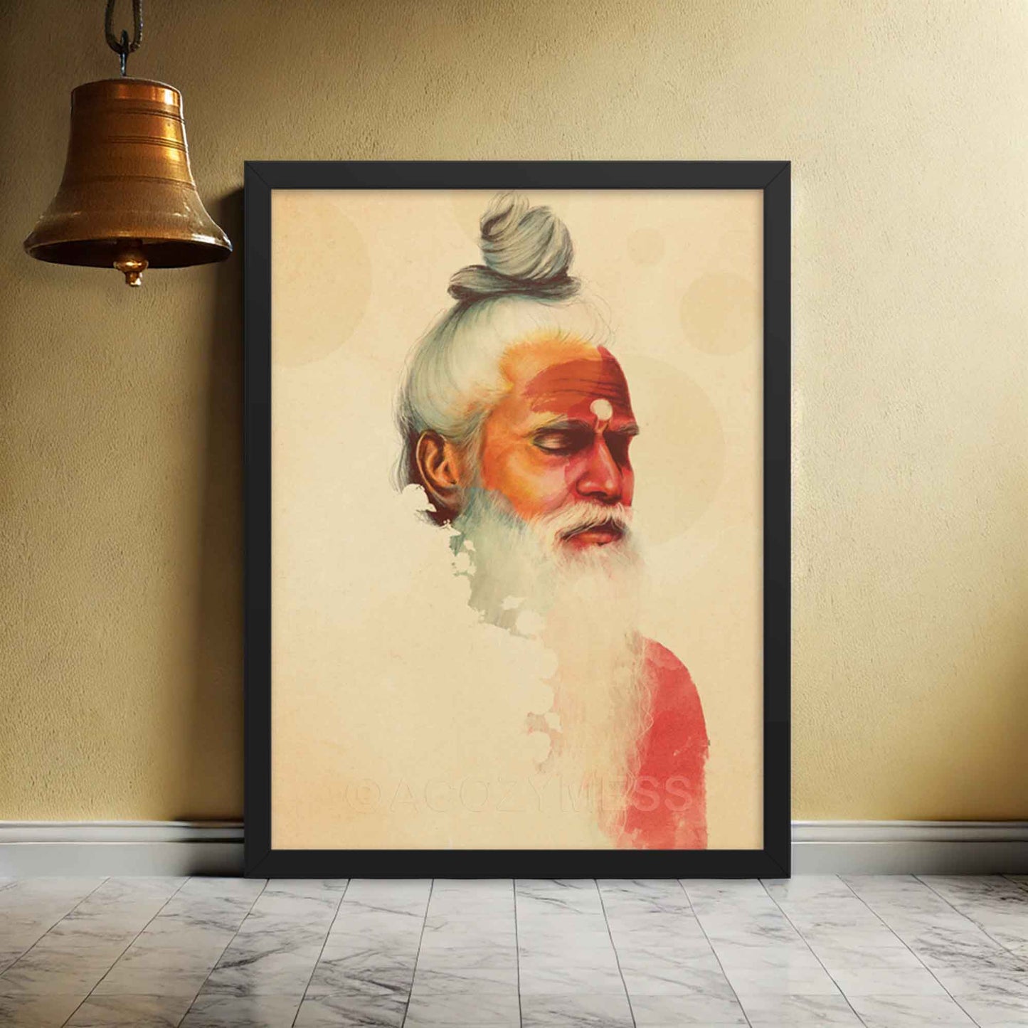 Saddhu, Indian holy man in meditation portrait in beige, orange & yellow palette, wall art in black frame for temple decor
