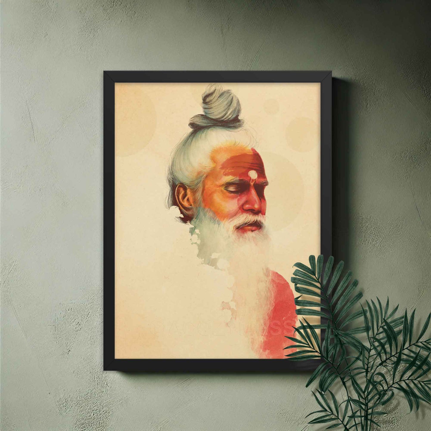Saddhu art print, Indian holy man in meditation portrait in beige, orange & yellow palette, wall art in black frame