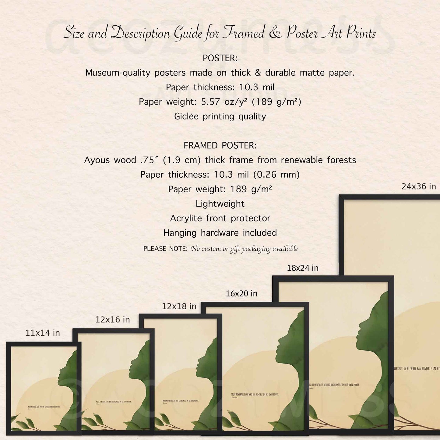 11x14, 12x16, 12x18, 16x20, 18x24, 20x30 framed and unframed poster options description guide for stoic wall art