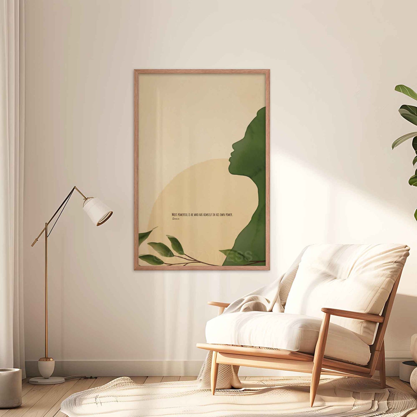 Seneca poster featuring the words Most powerful is he who has himself in his own power,'with a serene green, beige, and yellow illustration, displayed in oakwood frame.
