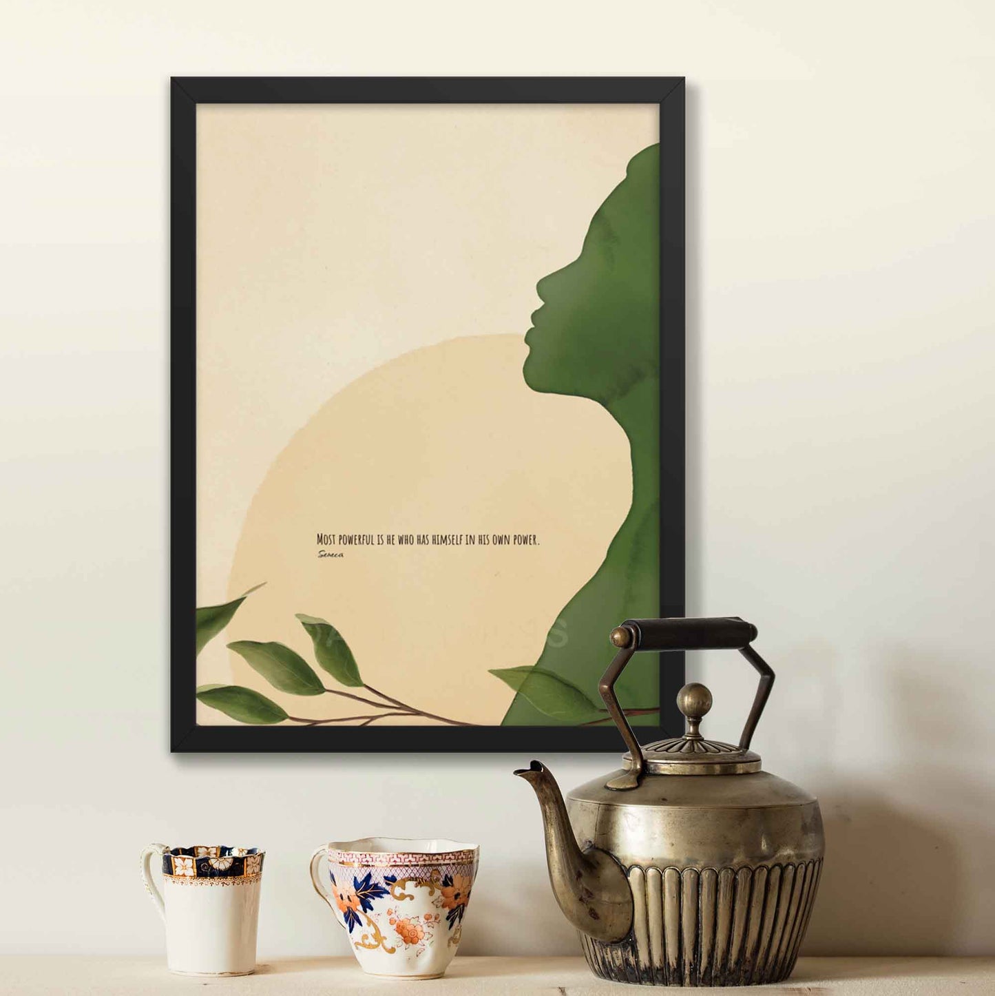 Seneca quote poster featuring the words Most powerful is he who has himself in his own power,'with a serene green, beige, and yellow art, displayed in black frame.