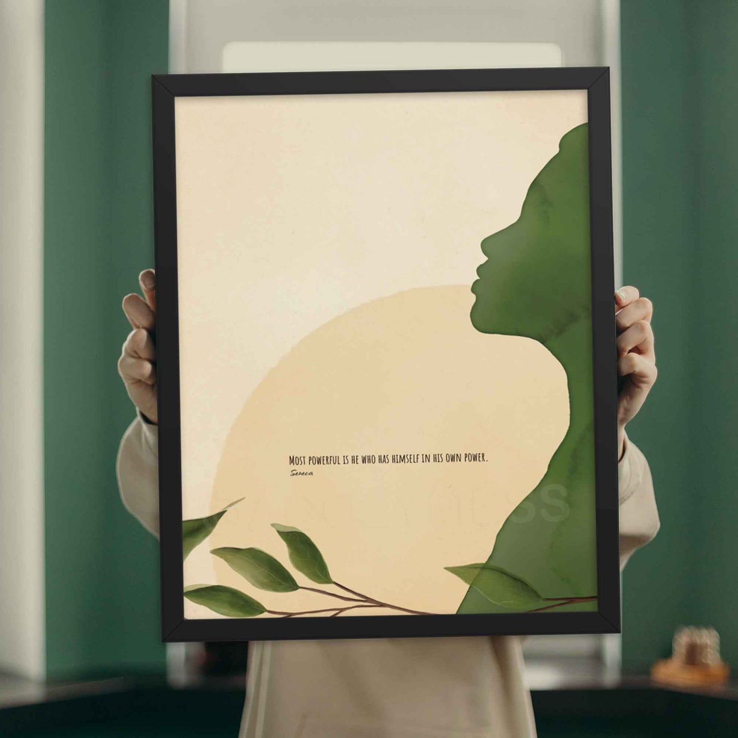Seneca poster featuring the words Most powerful is he who has himself in his own power,'with a serene green, beige, and yellow illustration, displayed in black frame.