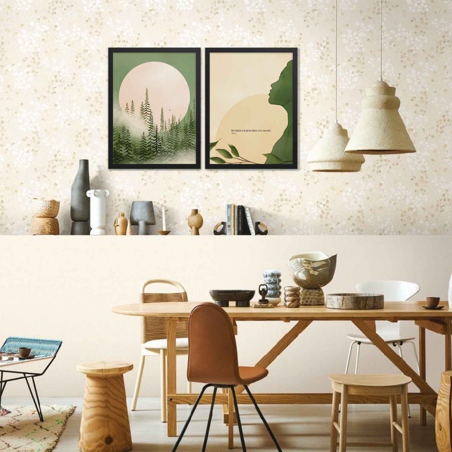 Seneca quote poster featuring the words Most powerful is he who has himself in his own power,'with a serene green, beige, and yellow illustration, displayed in black frame.