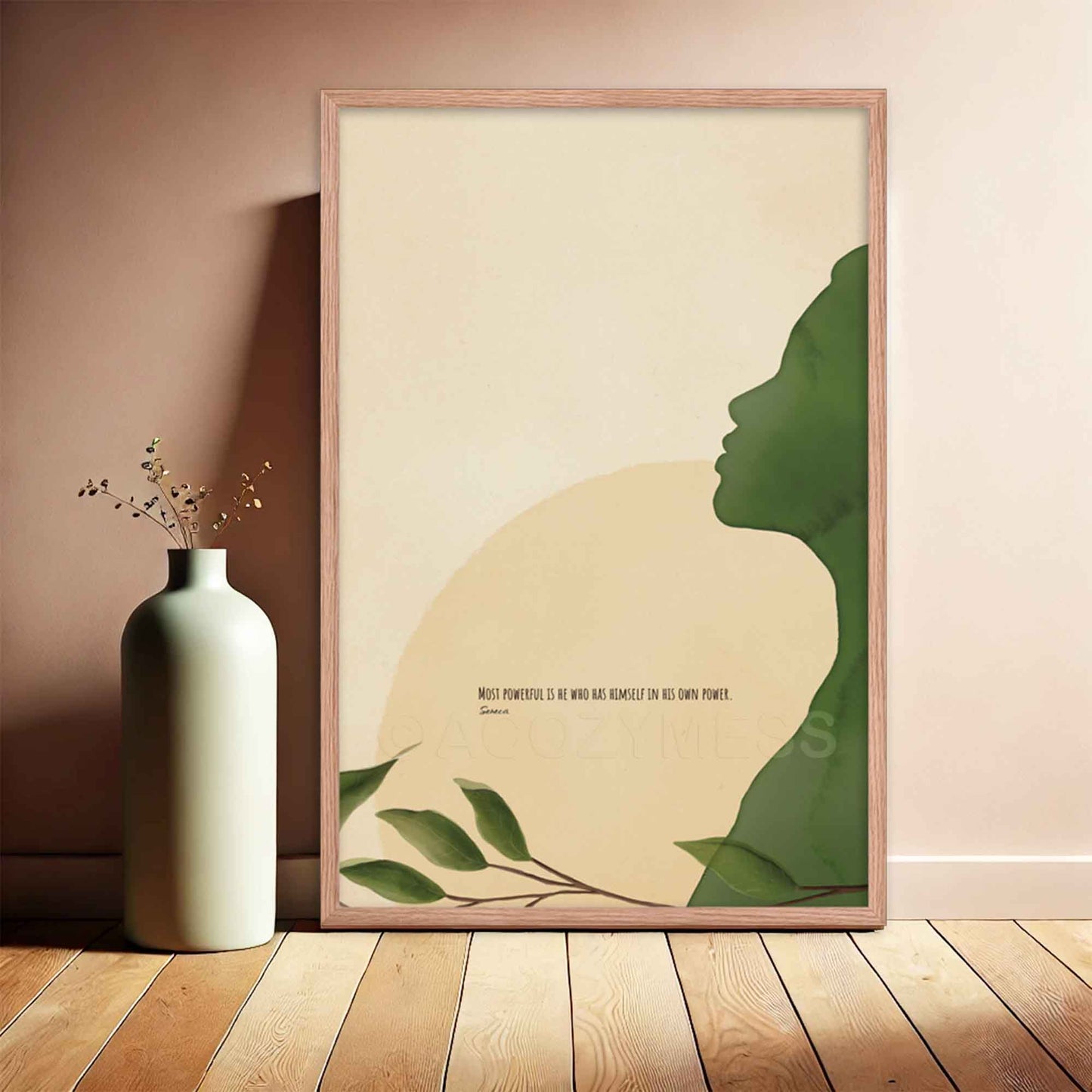 Seneca quote poster featuring the words Most powerful is he who has himself in his own power,'with a serene green, beige, and yellow illustration, displayed in oakwood frame.