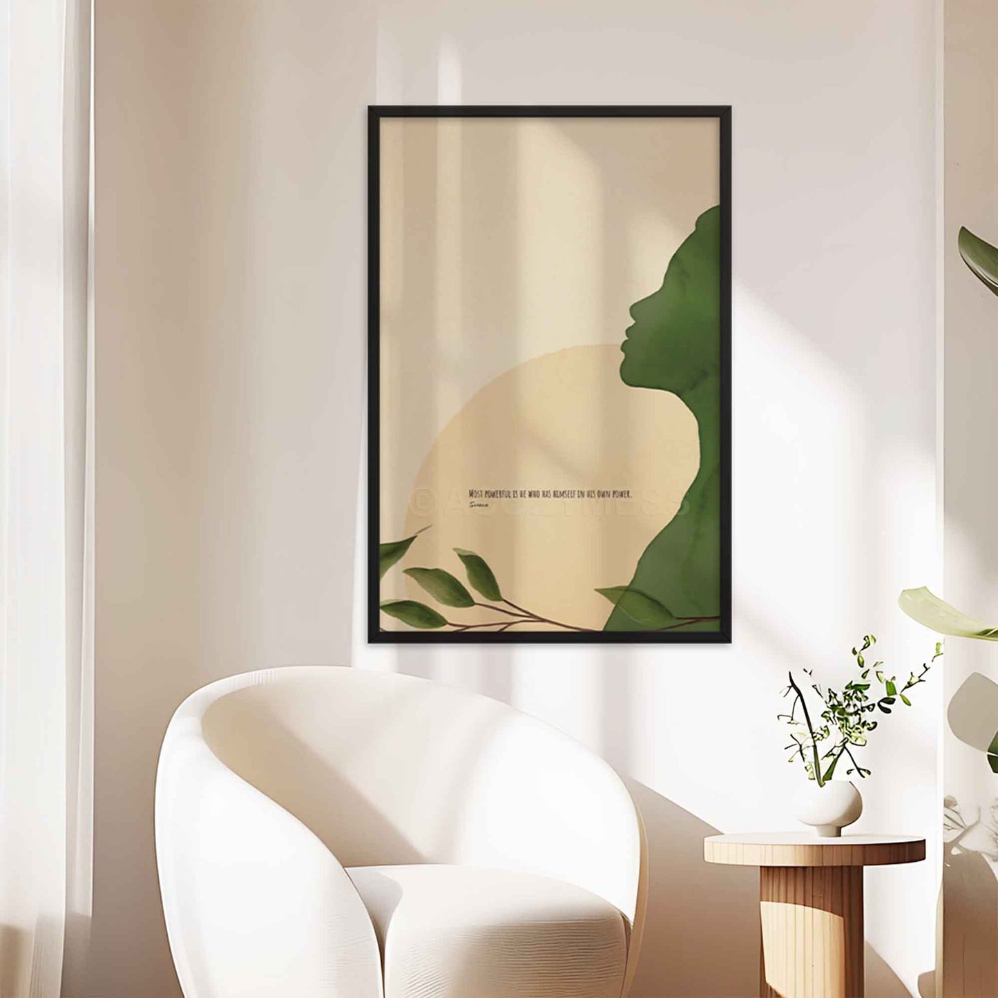 Stoic poster featuring the quote by Seneca, Most powerful is he who has himself in his own power,'with a serene green, beige, and yellow illustration, displayed in black frame.