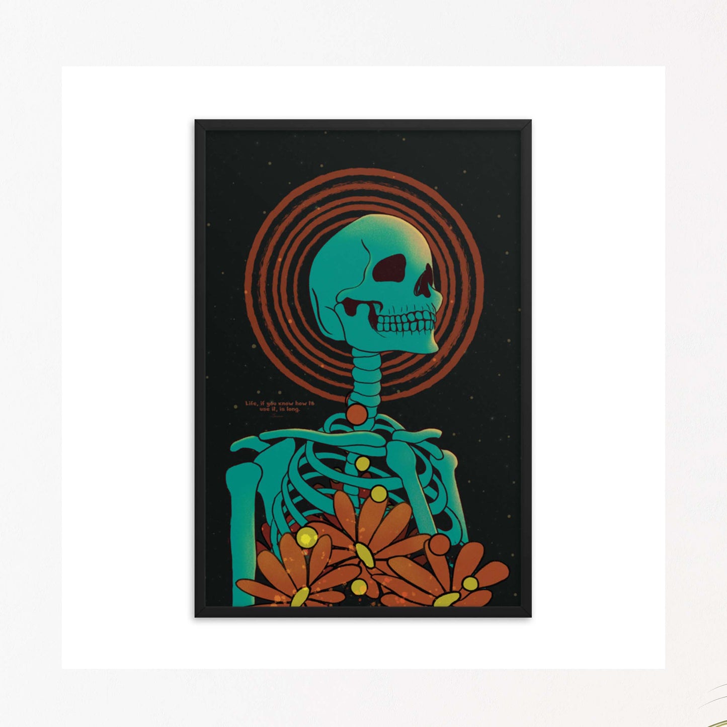 Seneca on life quote, skeleton art poster in black frame