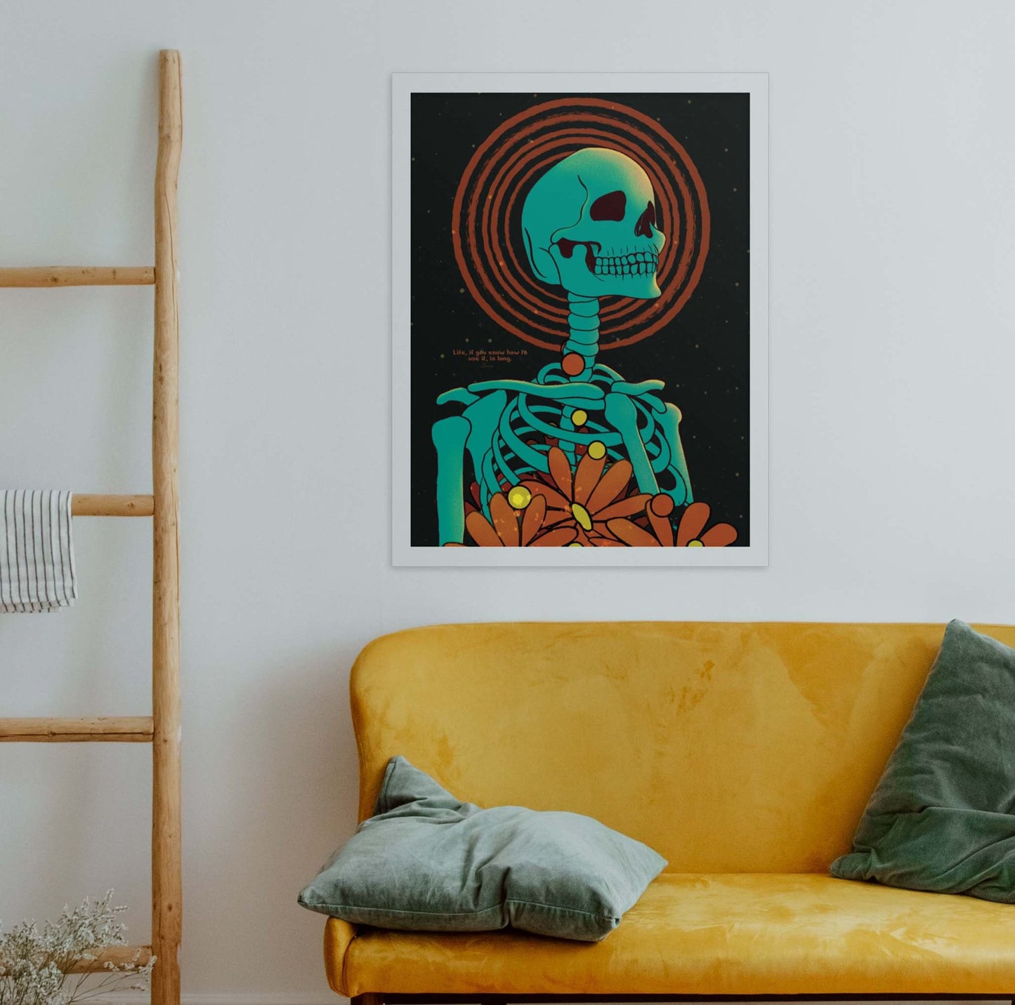 Seneca quote on life stoic skeleton art print in white frame