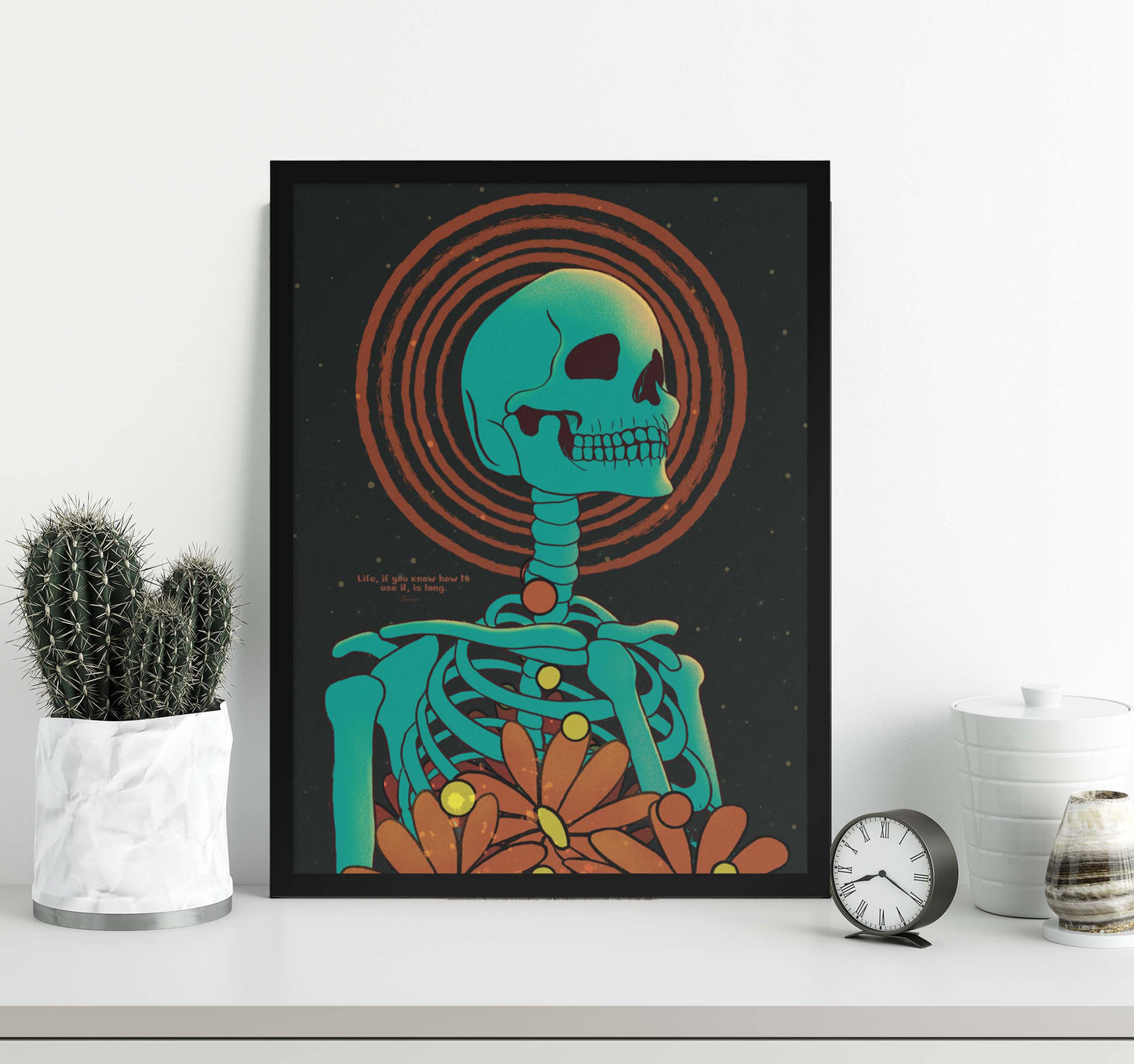 Life is long, skeleton art poster in black frame