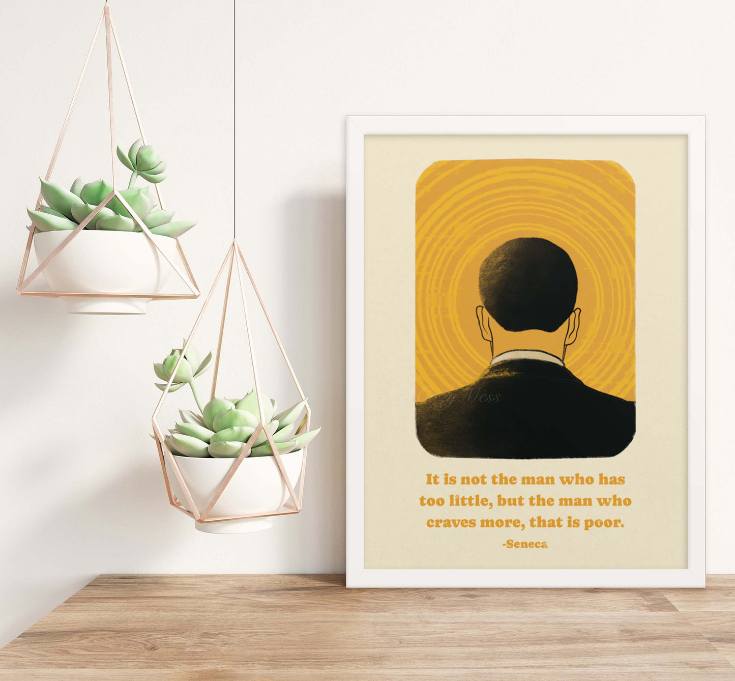Art poster depicting the back of a man's head against a vibrant yellow background with concentric circles emanating from the center, resembling a halo or sun. Below the image is a quote by Seneca in elegant, readable font that reads, "It is not the man who has too little, but the man who craves more, that is poor."