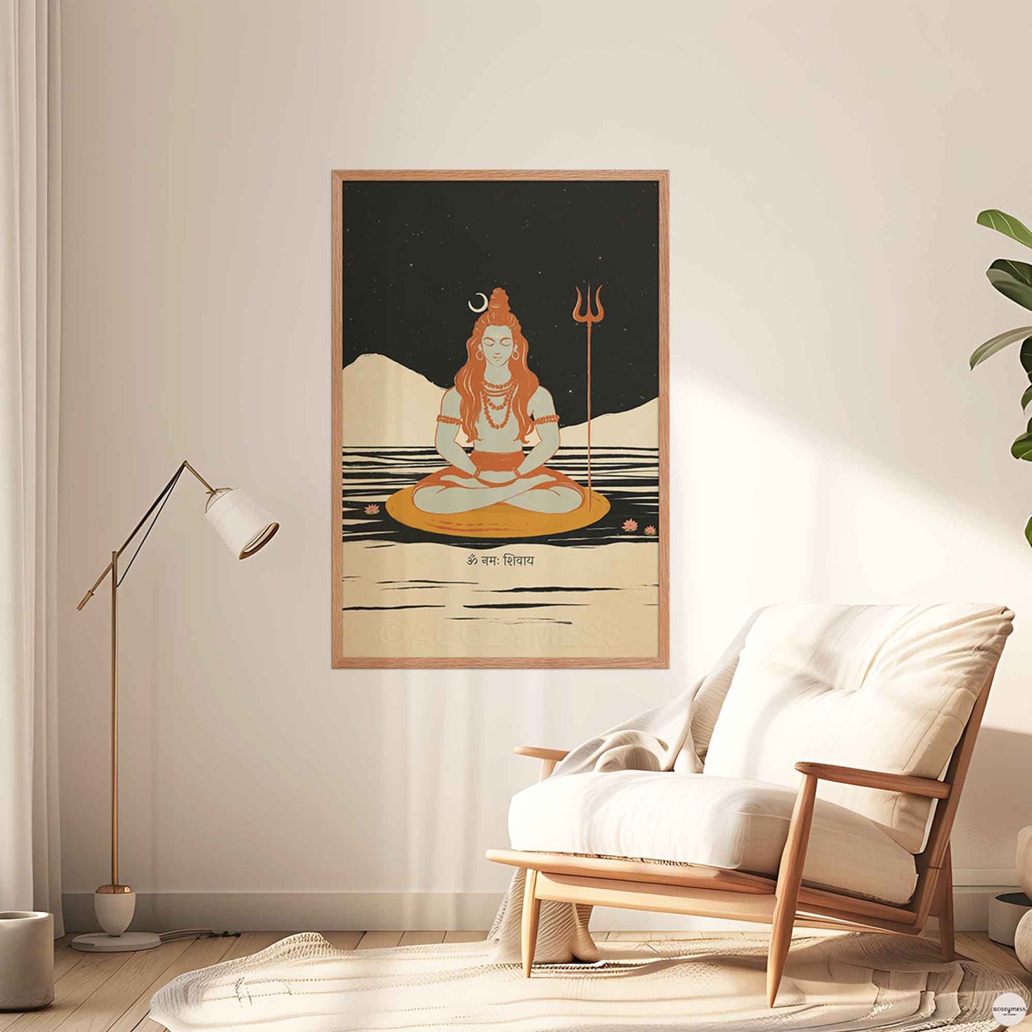 A wall art print featuring Lord Shiva in a meditative pose, illustrated with flowing hair, a crescent moon, third eye, and trident in oakwood frame