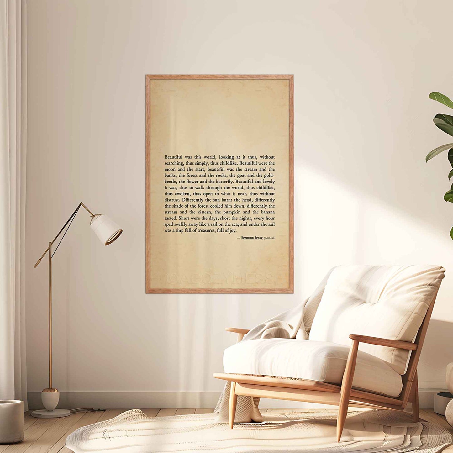 A vintage-style poster featuring a quote from Hermann Hesse’s Siddhartha in black typography on an old paper-textured background. The design evokes a sense of nostalgia, mindfulness, and childlike wonder, encouraging appreciation for the beauty of the natural world in an oakwood frame for a mindful decor