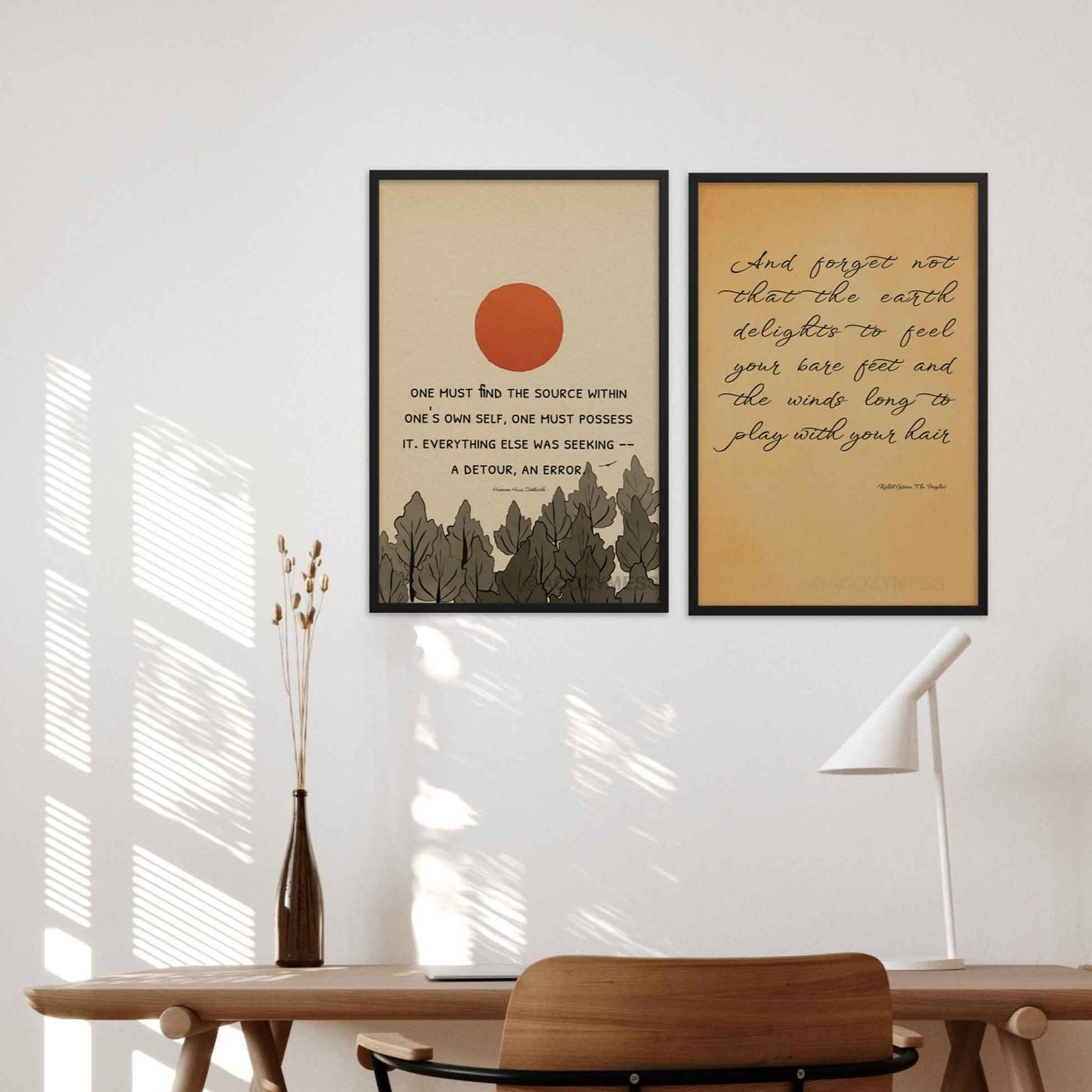 Siddhartha on self journey wall art poster in black frame and kahlil gibran on embracing nature quote art ppster in black frame.