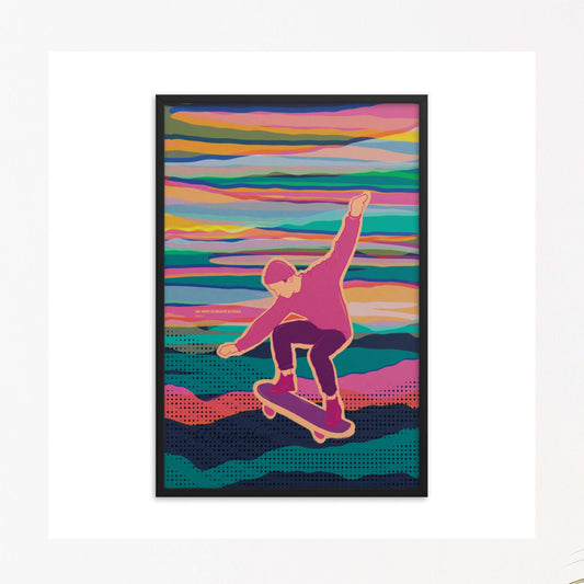 Vibrant & colorful skateboarder art with seneca quote " he who is brave is free" in black frame