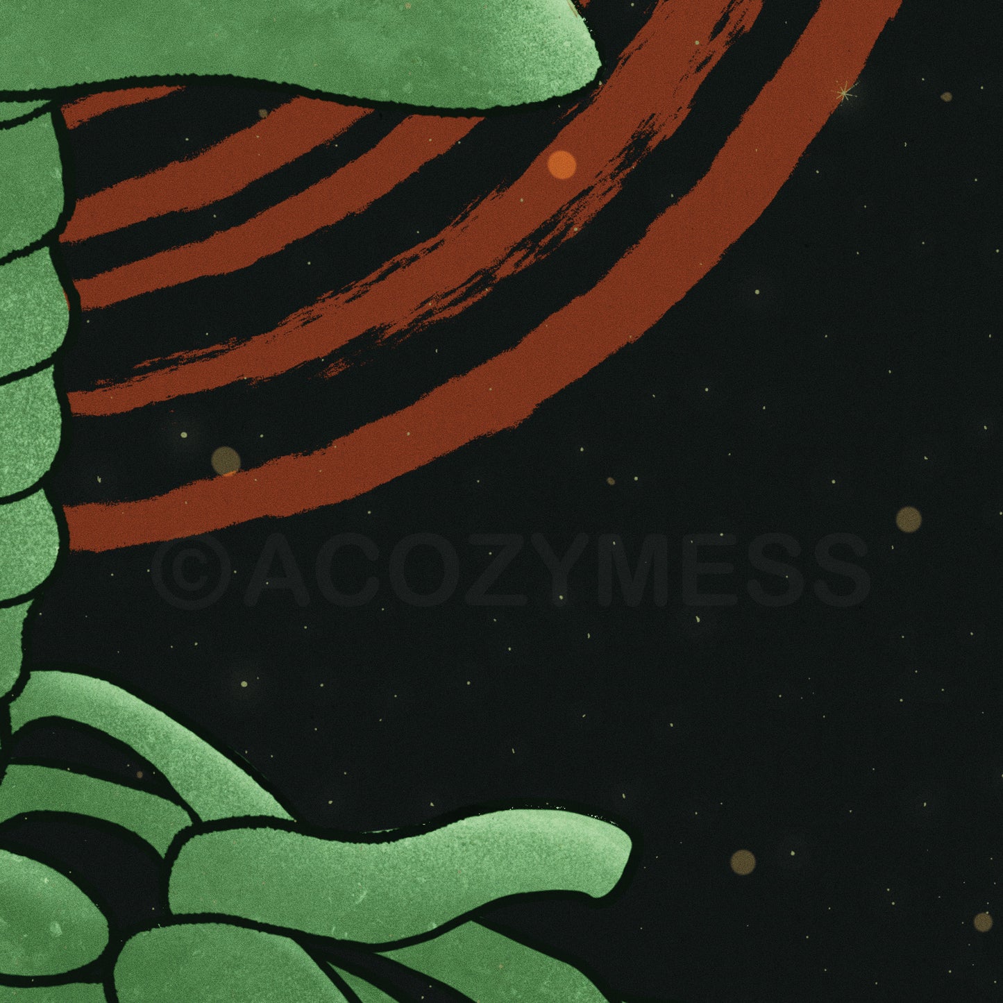 Close-up of green skeleton illustration with florals, set against a deep starry night background.