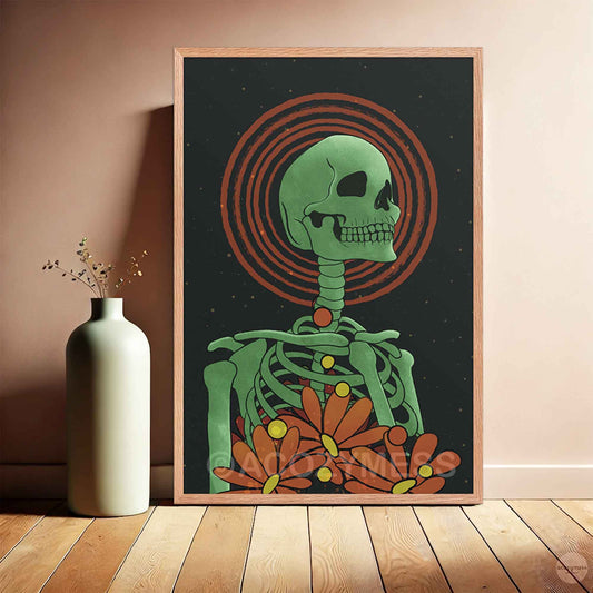 Green skeleton floral artwork in oakwood frame, styled on a neutral wall with moody decor.